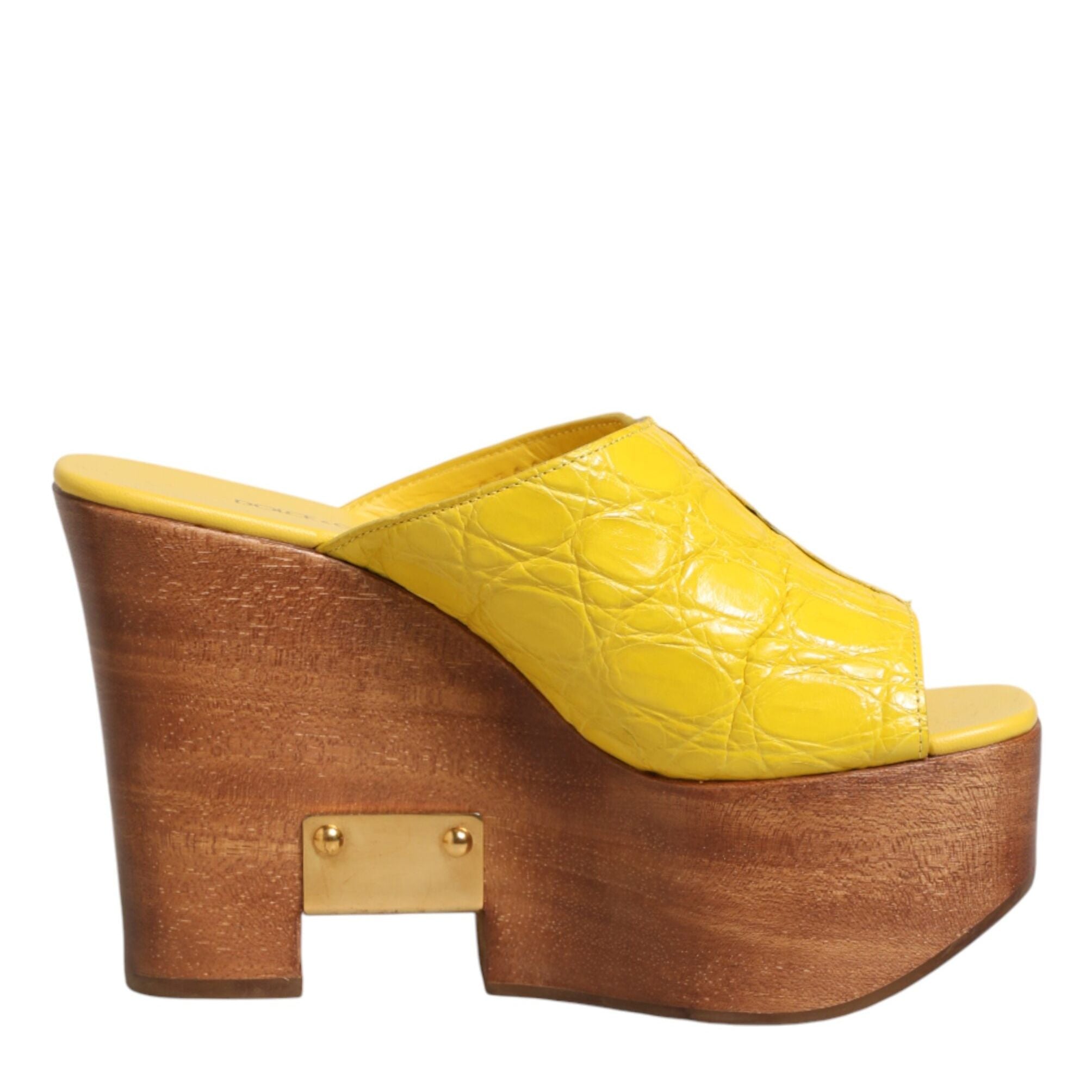 Dolce & Gabbana Yellow Leather Wood Mule Wedge Slides Shoes