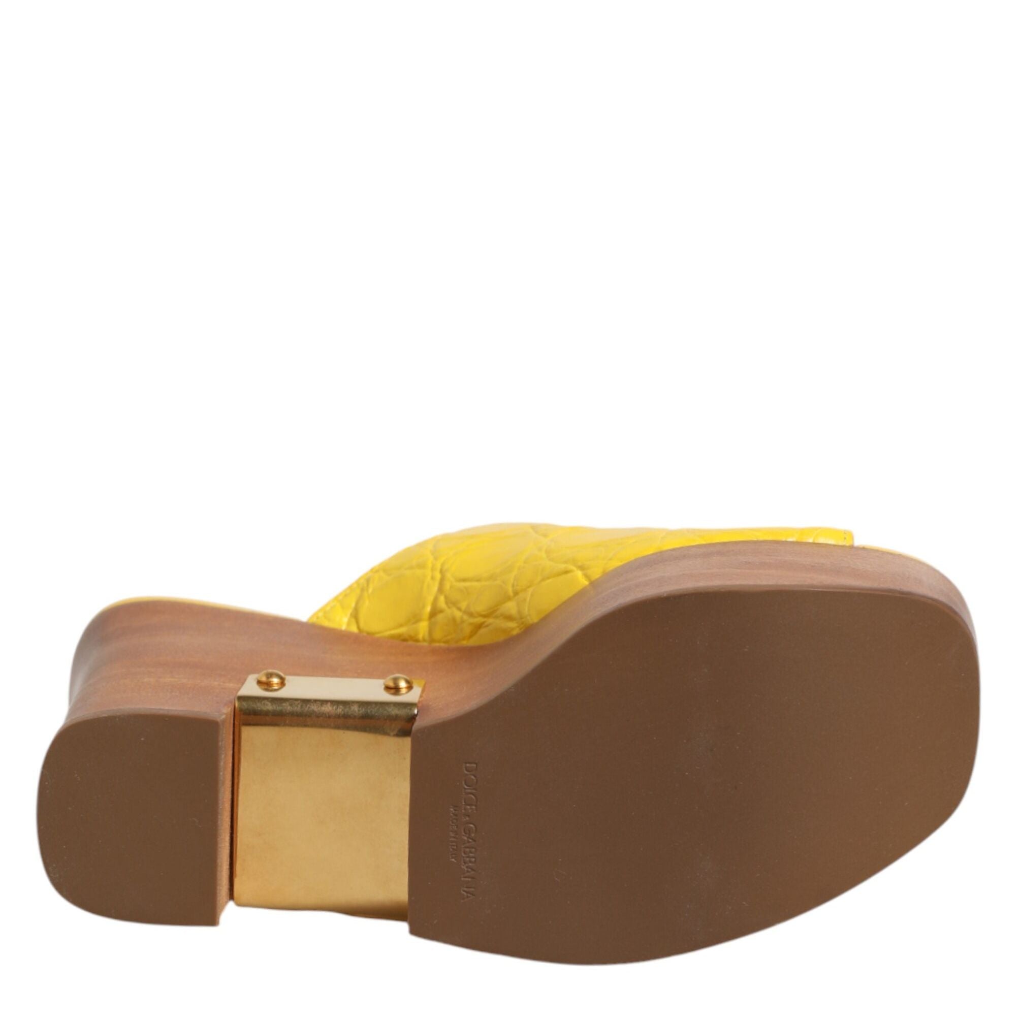 Dolce & Gabbana Yellow Leather Wood Mule Wedge Slides Shoes
