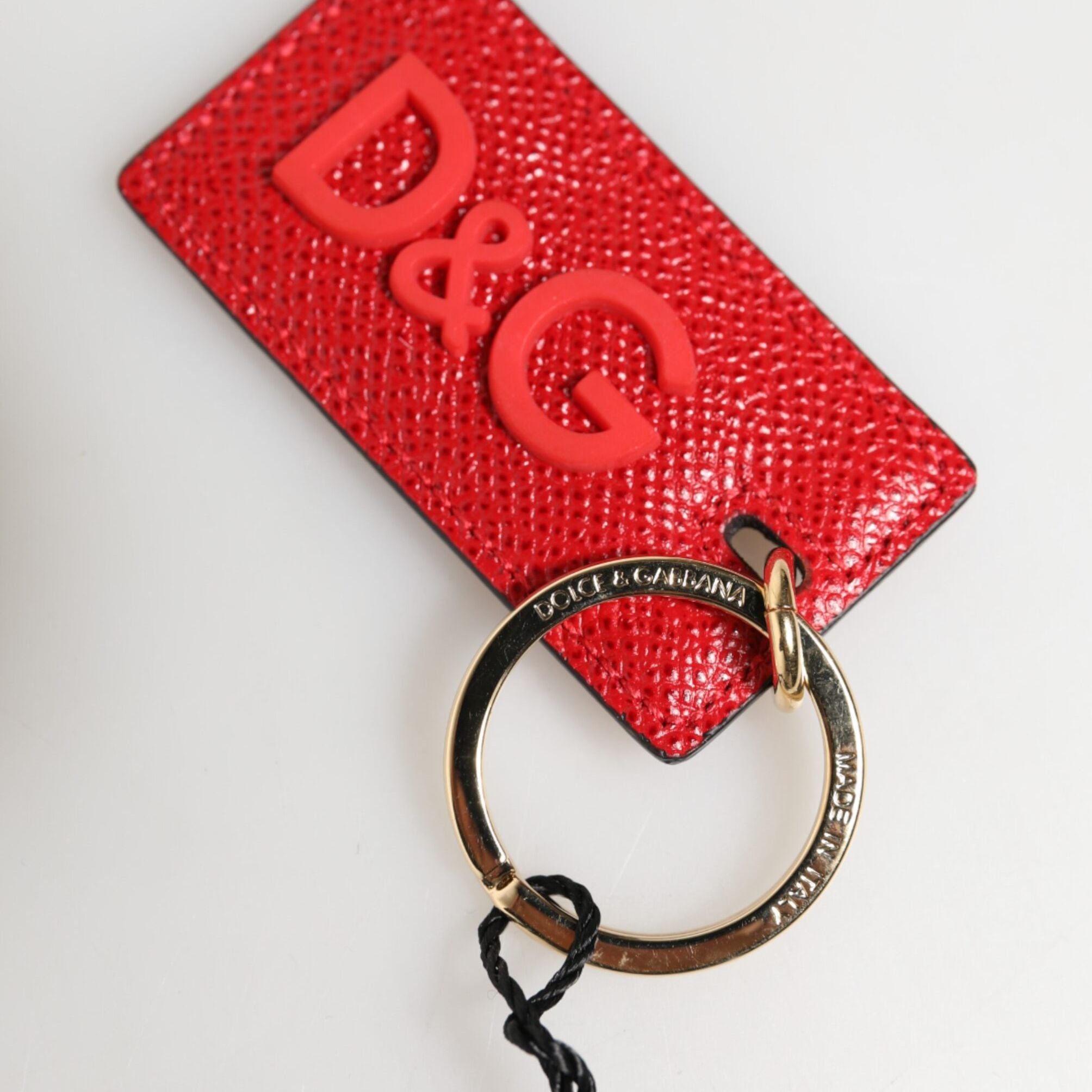 Dolce & Gabbana Red Calf Leather D&G Logo Metal Ring Keychain Keyring