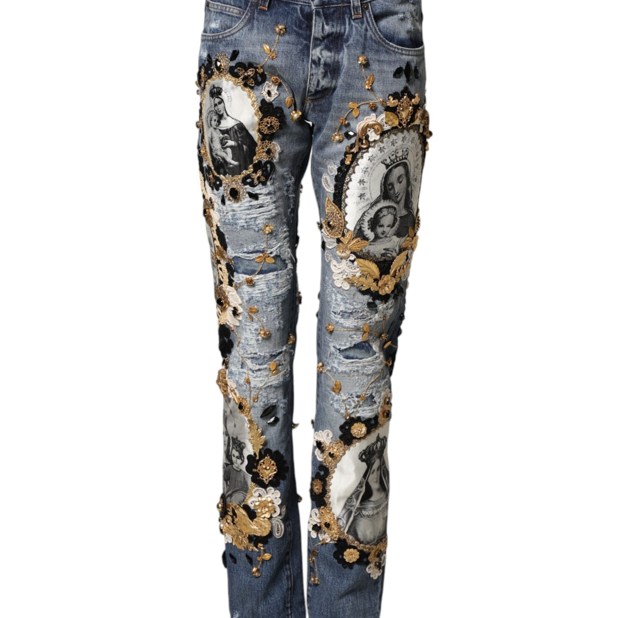 Dolce & Gabbana Blue Ripped Embellished Cotton Denim Jeans