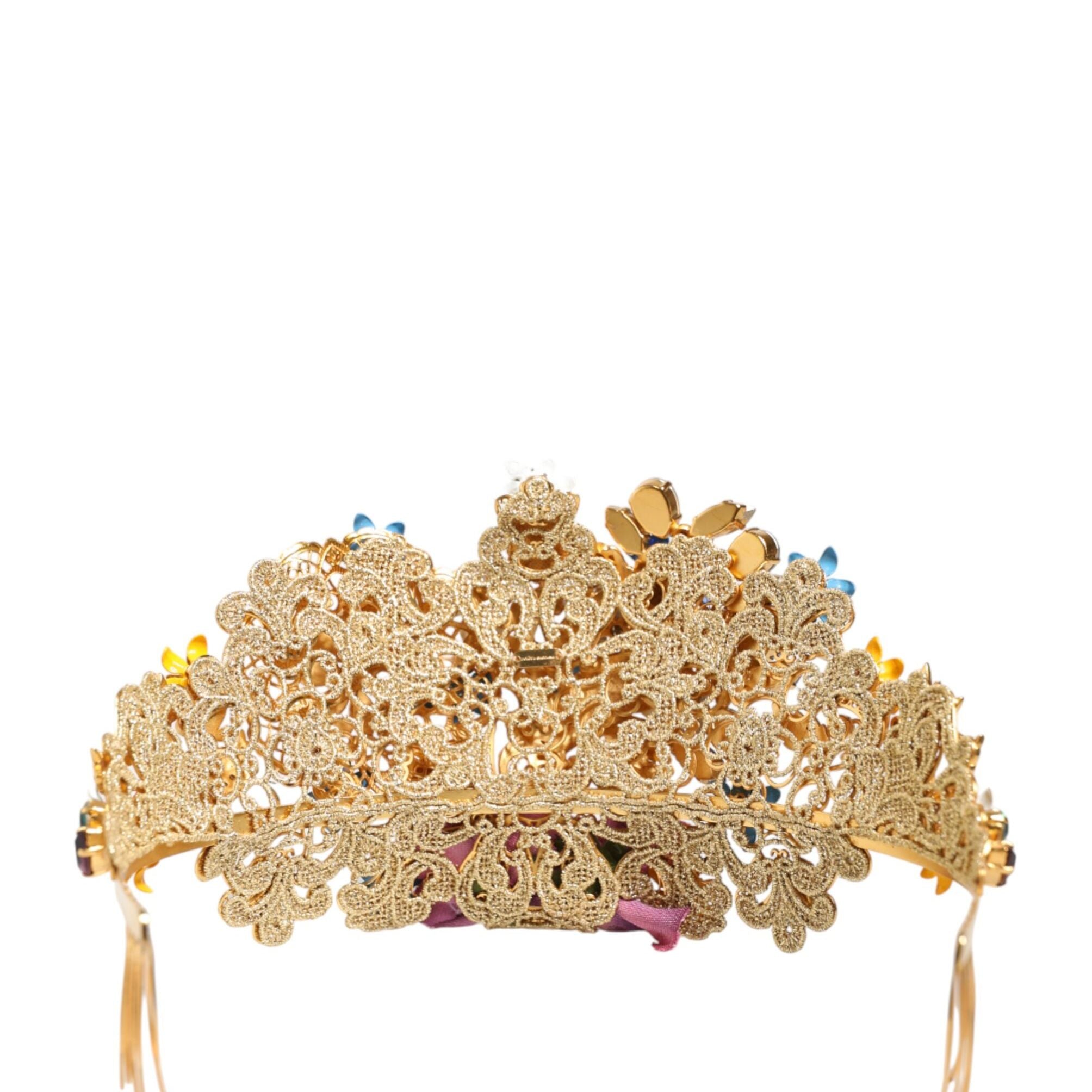 Dolce & Gabbana Gold Brass Crystal Floral Hortensia Crown Headband Tiara