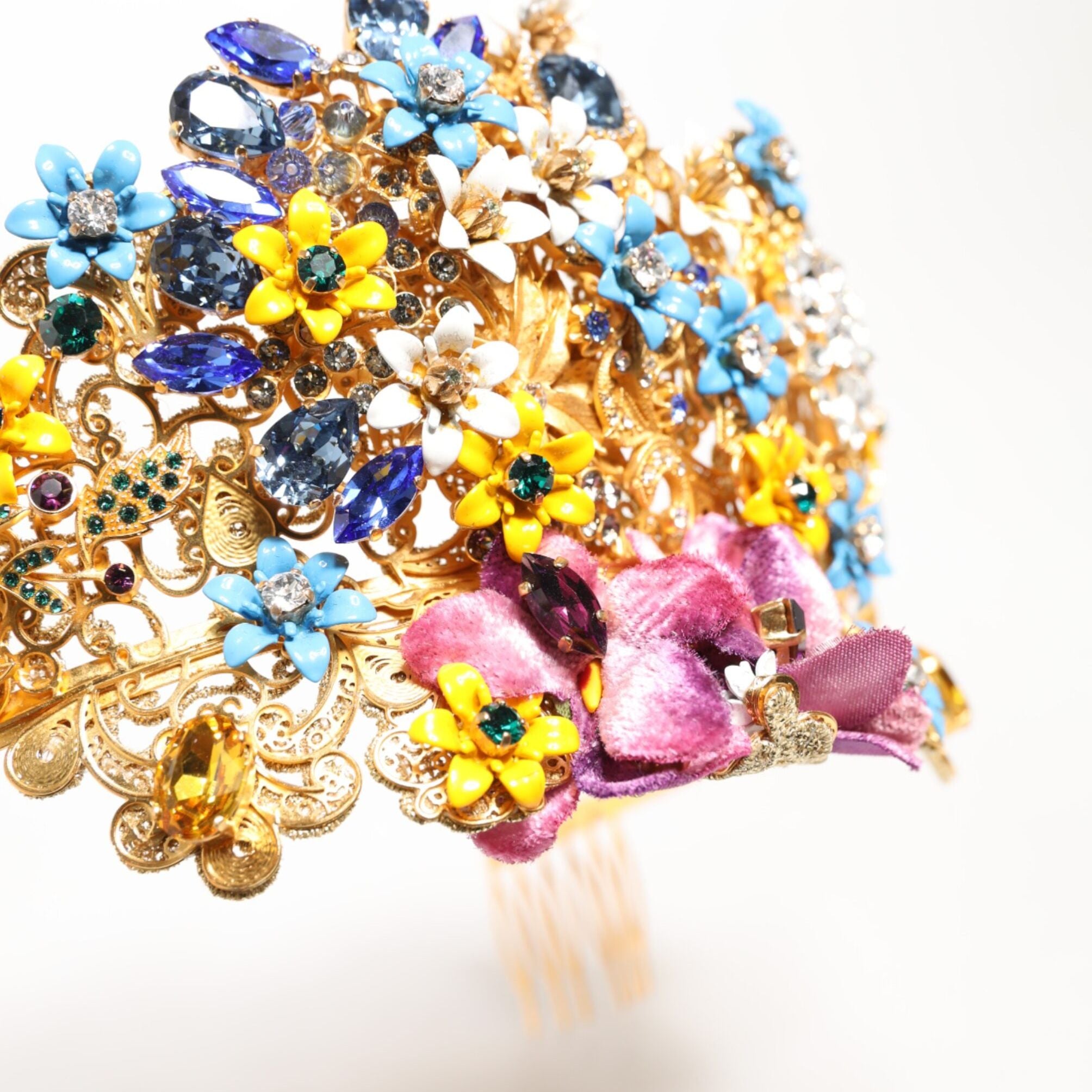 Dolce & Gabbana Gold Brass Crystal Floral Hortensia Crown Headband Tiara
