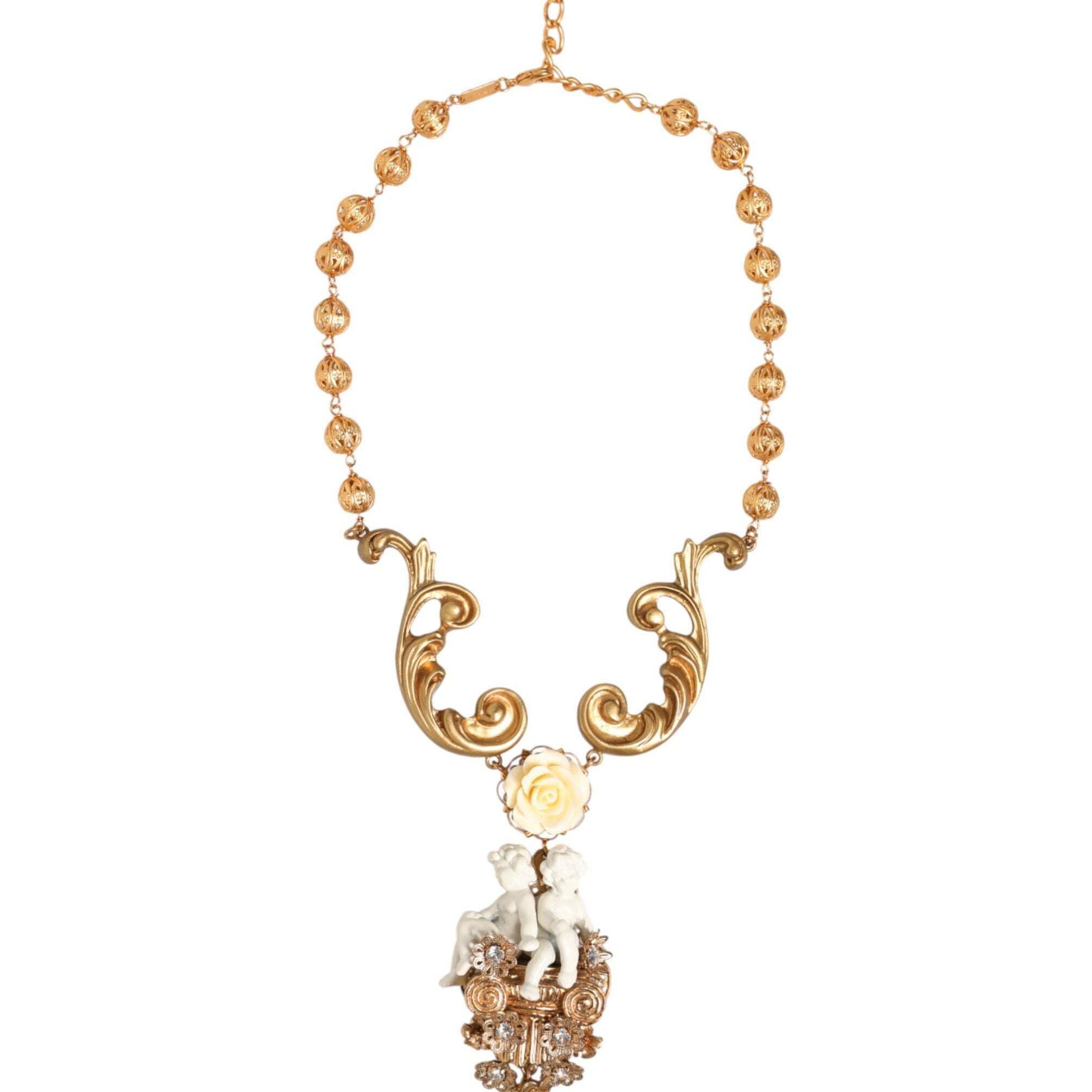 Dolce & Gabbana Gold Ceramic Crystal Cherub Baroque Pendant Necklace