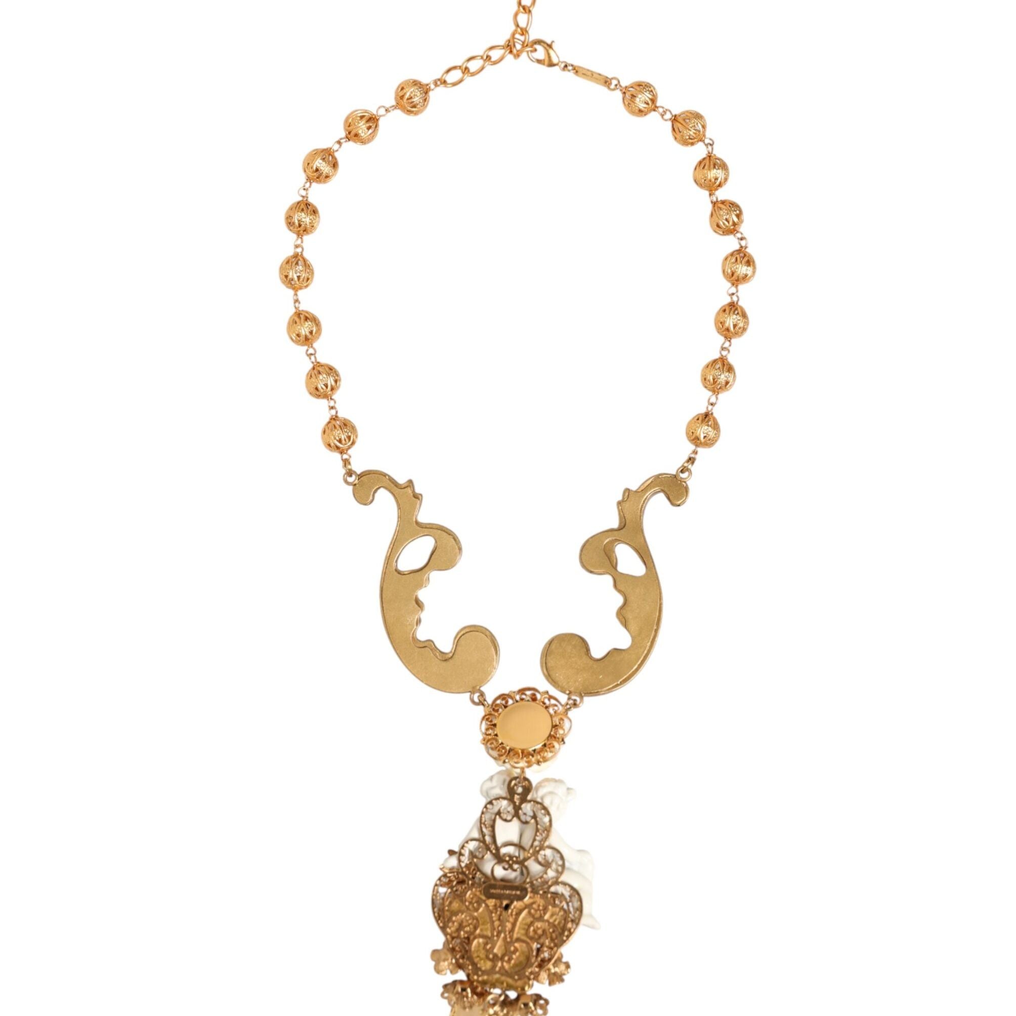 Dolce & Gabbana Gold Ceramic Crystal Cherub Baroque Pendant Necklace