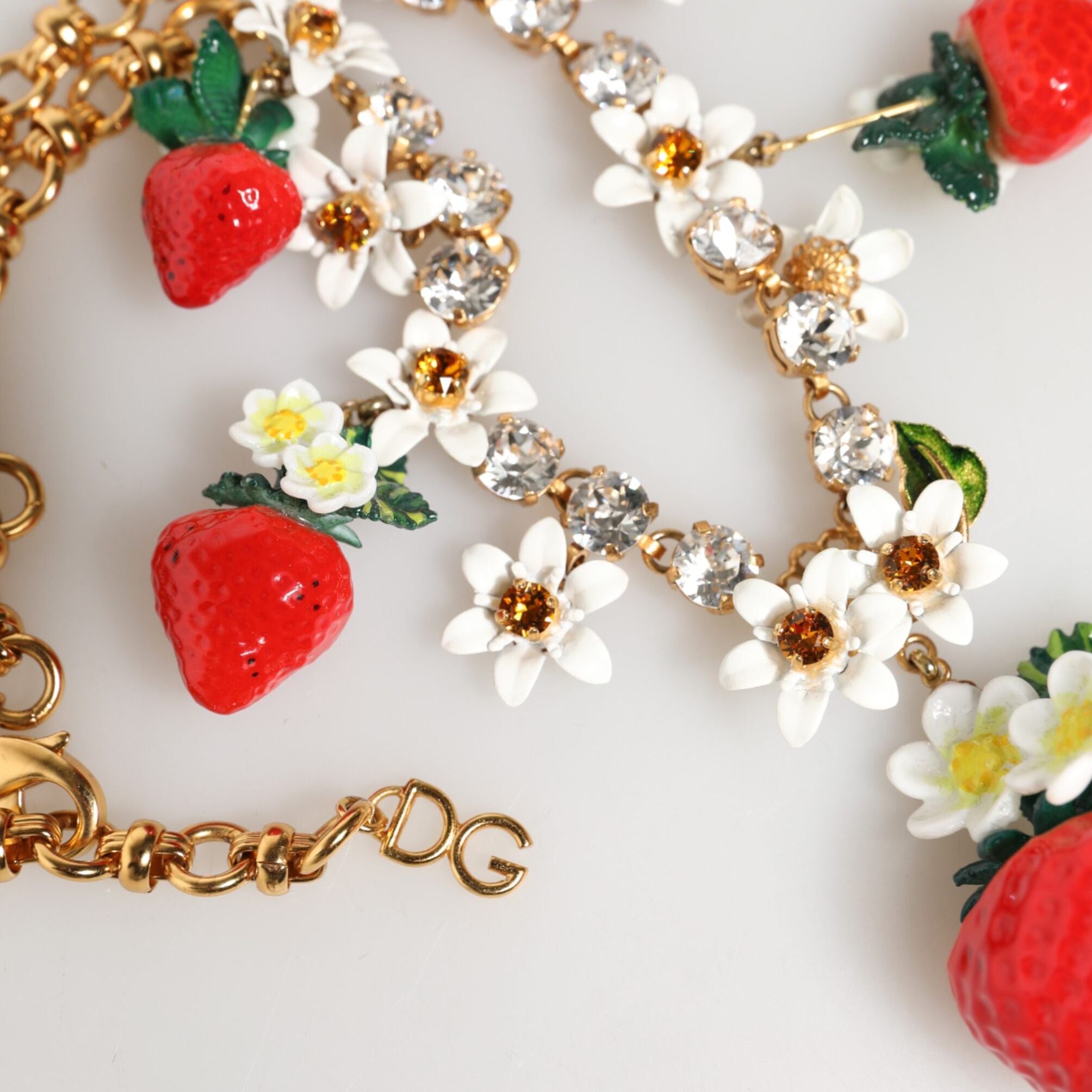 Dolce & Gabbana Gold Brass FRUIT Pendants Flowers Crystal Logo Necklace