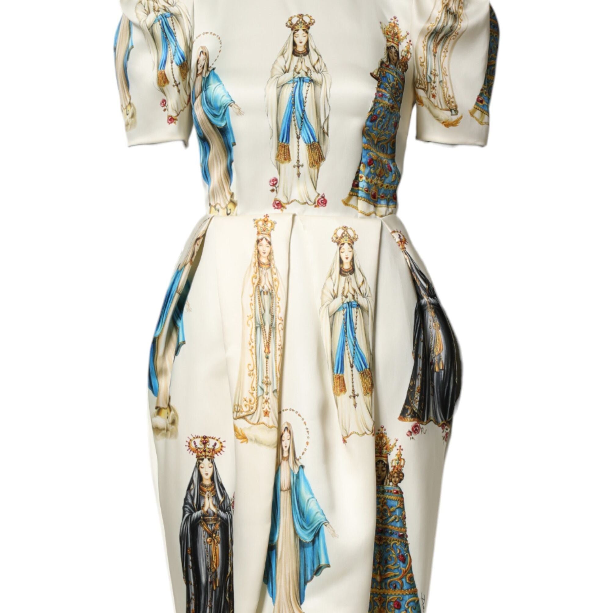 Dolce & Gabbana Beige Madonne Print Silk Short Sleeve Dress