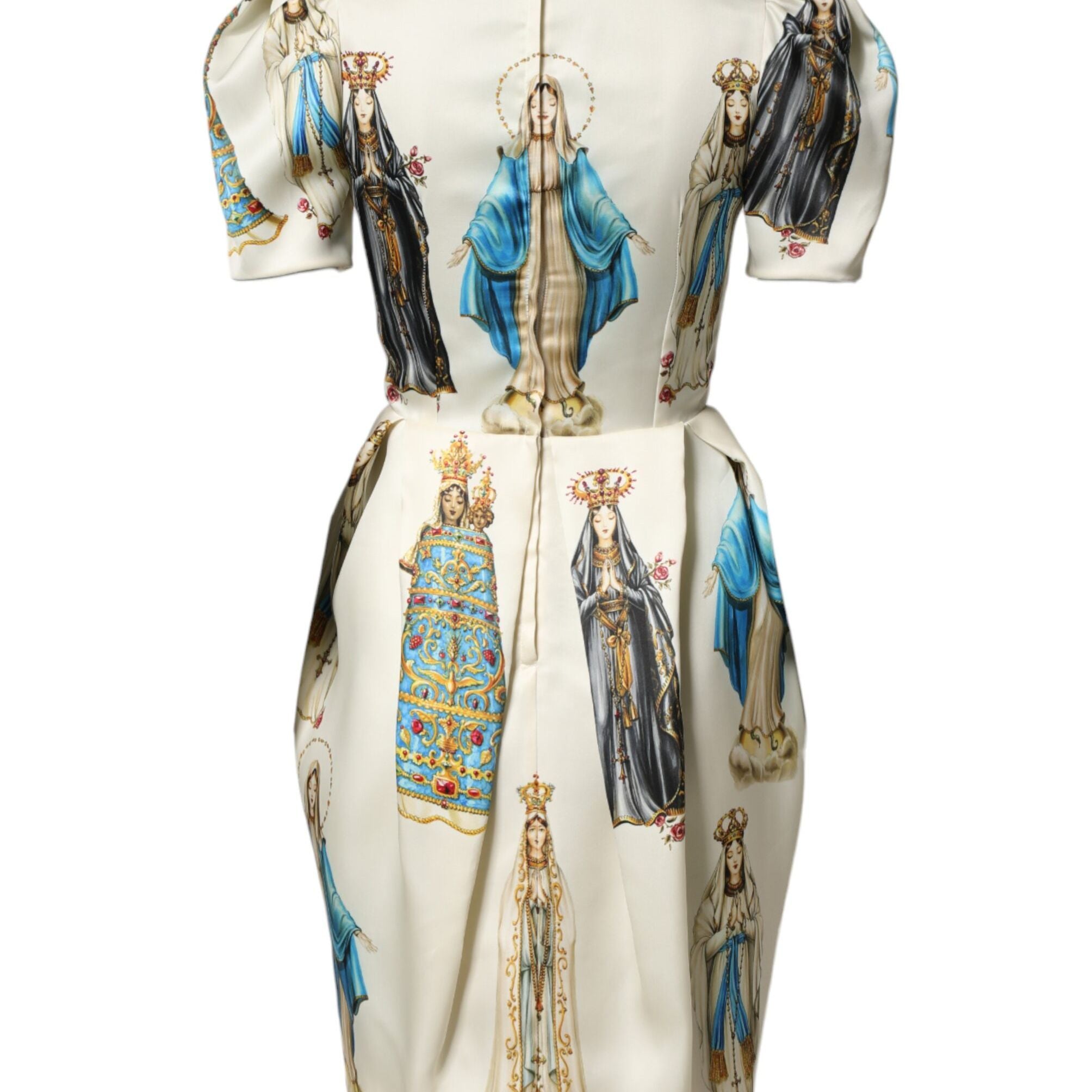Dolce & Gabbana Beige Madonne Print Silk Short Sleeve Dress