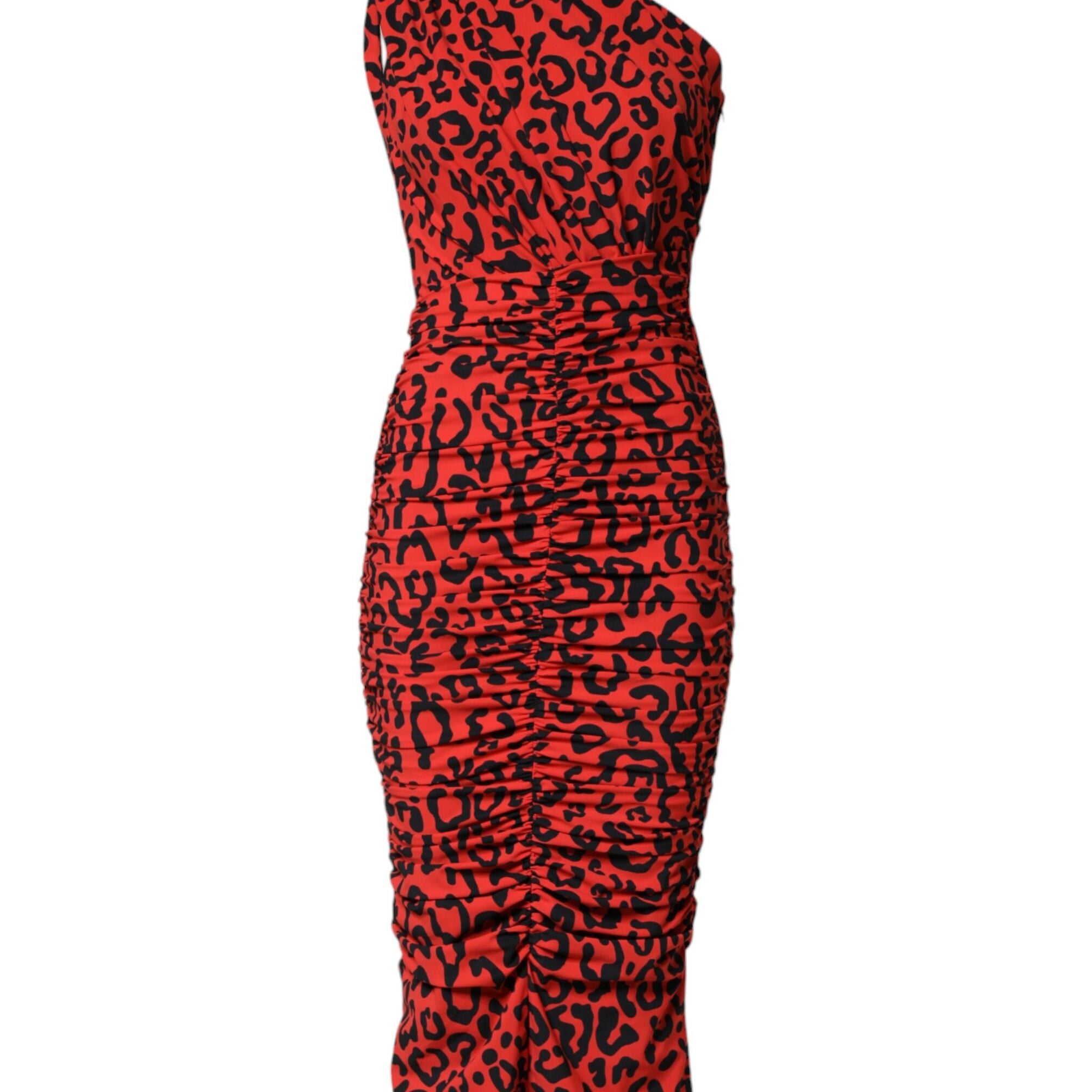 Dolce & Gabbana Red Leopard Print Nylon Sheath Midi Dress