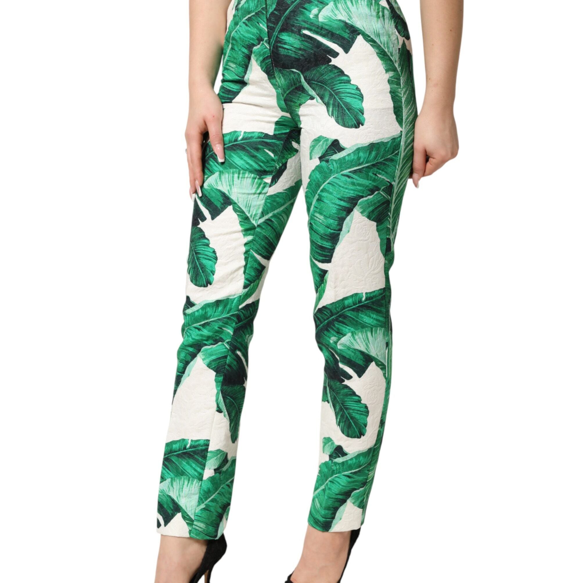 Dolce & Gabbana White Green Leaf High Waist Trousers Pants