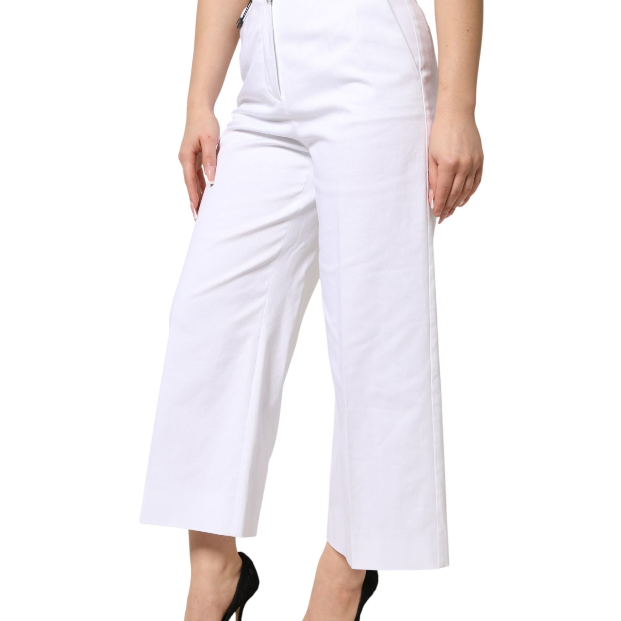 Dolce & Gabbana White Cotton High Waist WideLeg Cropped Pants