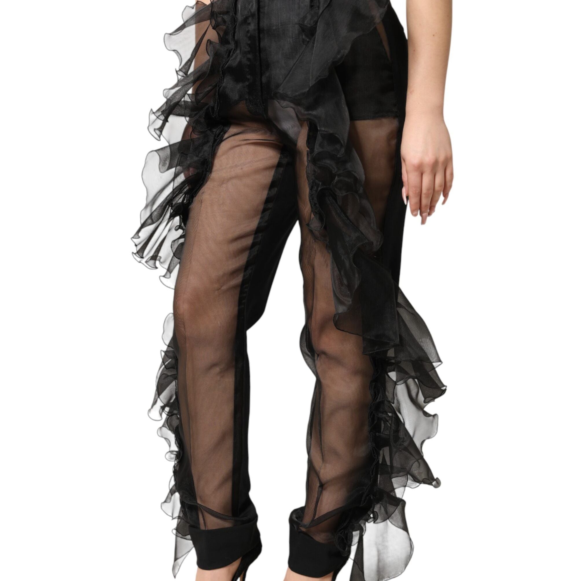 Dolce & Gabbana Black High Waist Tulle Wool Trouser Pants