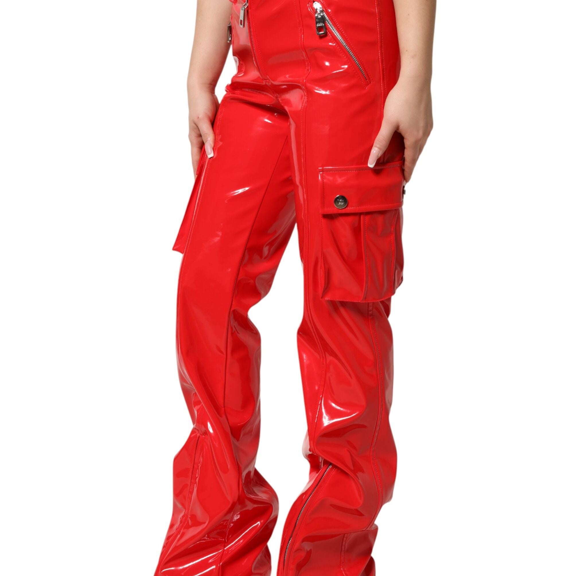 Dolce & Gabbana Red Glossy Polyester Cargo Boot Cut Pants