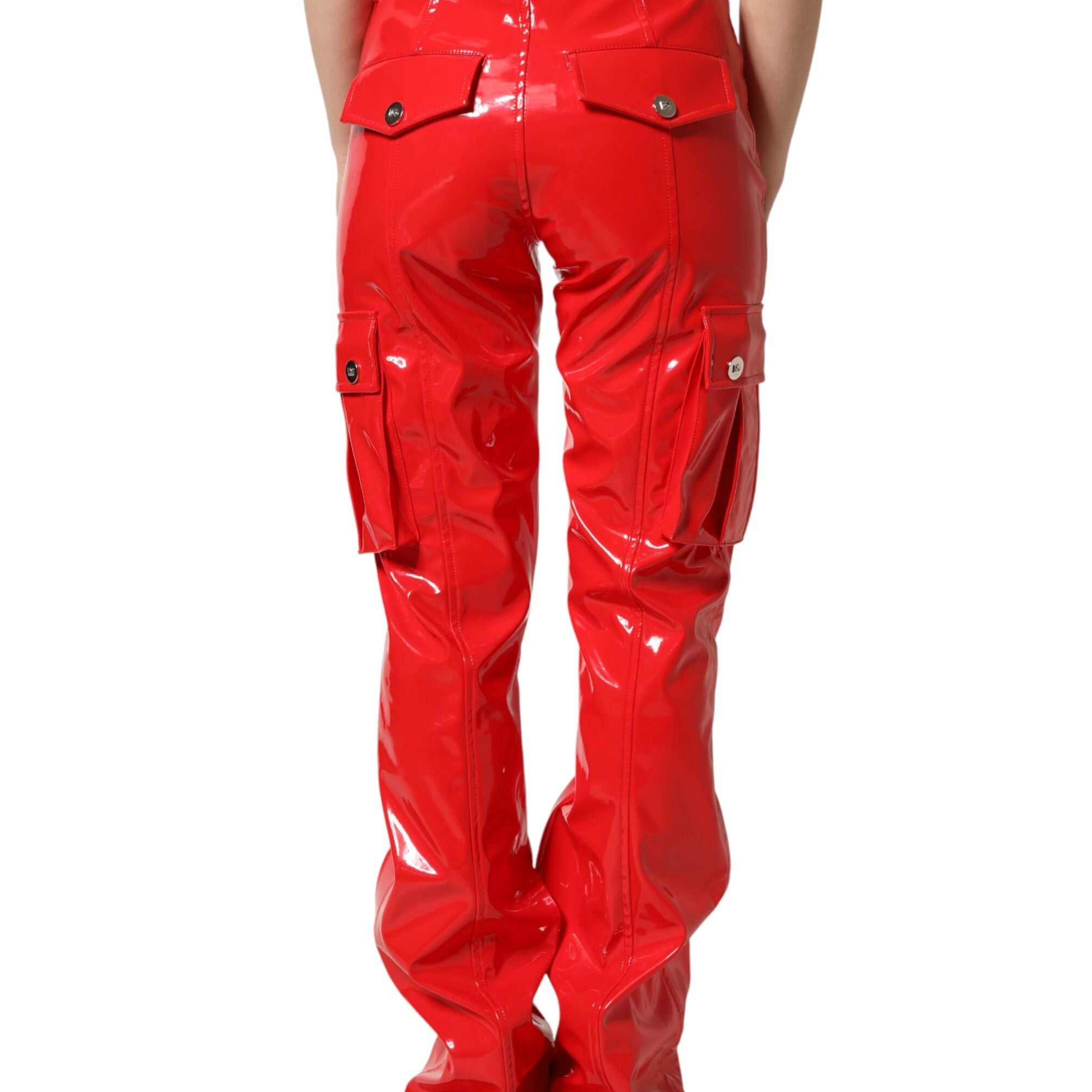 Dolce & Gabbana Red Glossy Polyester Cargo Boot Cut Pants