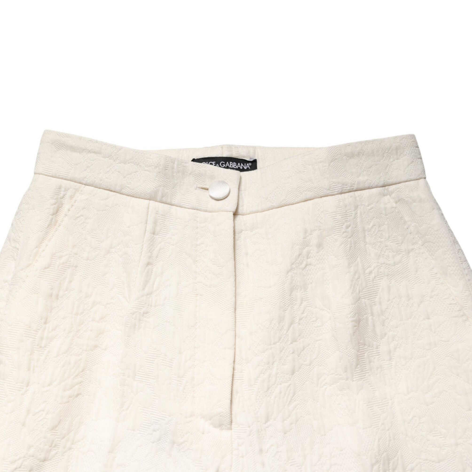 Dolce & Gabbana White Cotton Floral Brocade Dress Pants