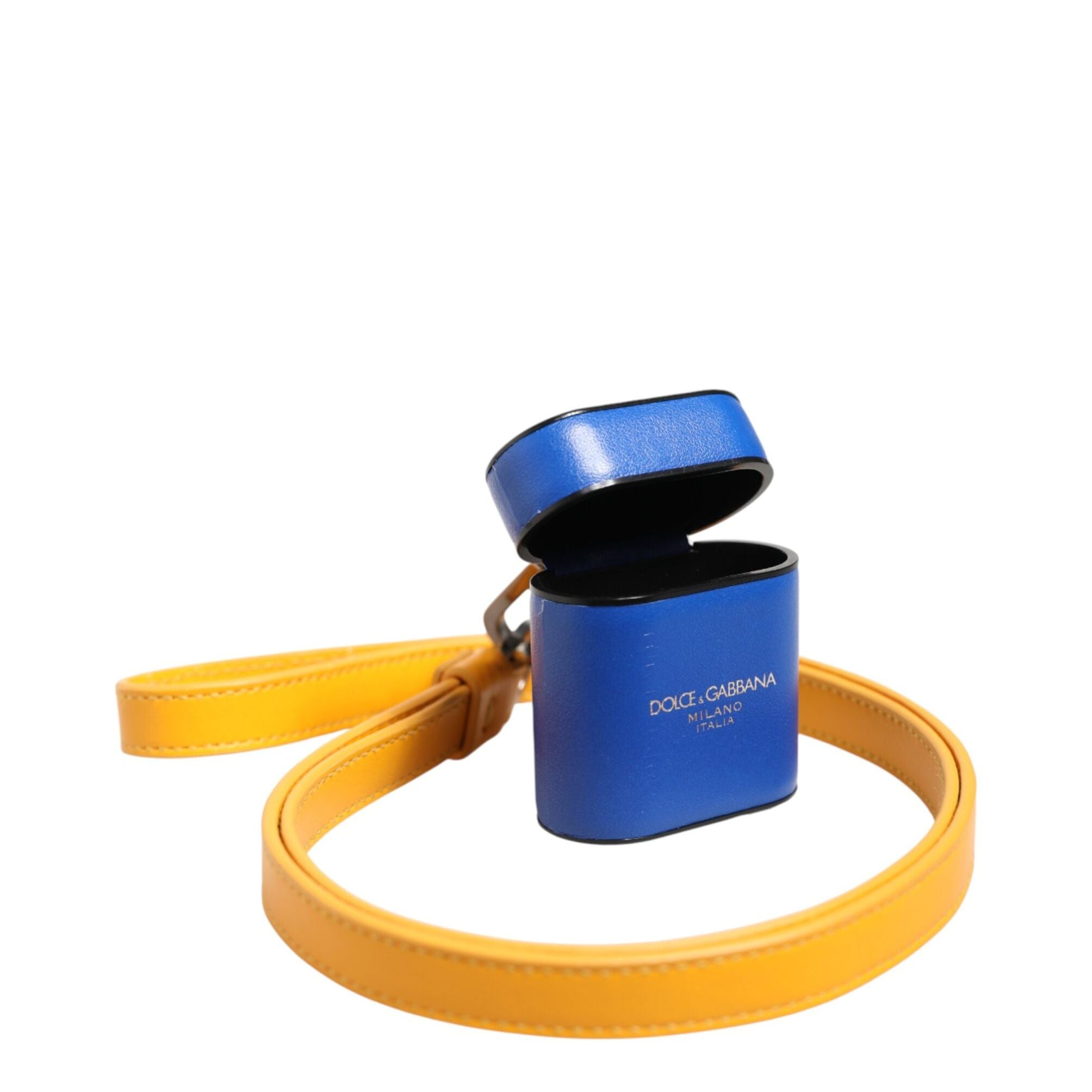 Dolce & Gabbana Blue Yellow Calfskin Leather Logo Strap Men Airpods Case