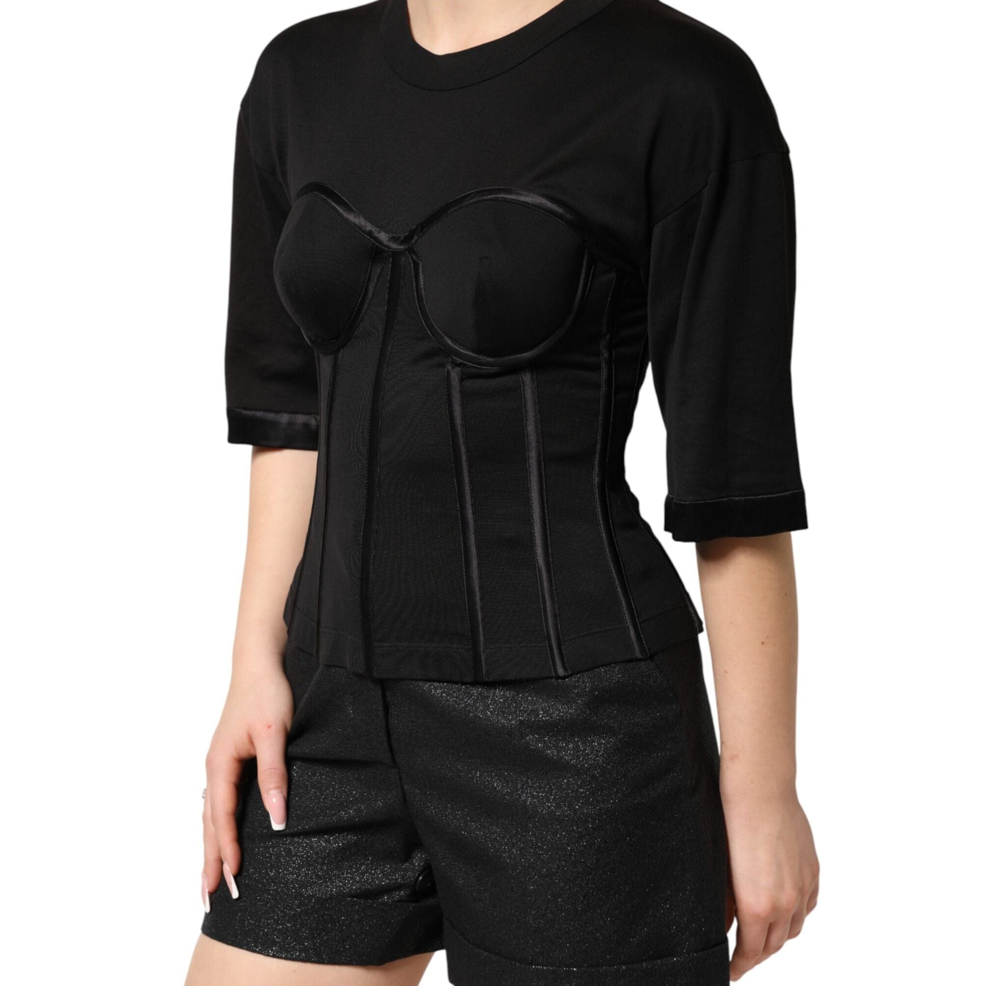 Dolce & Gabbana Black Cotton Bustier Corset Short Sleeves T-shirt