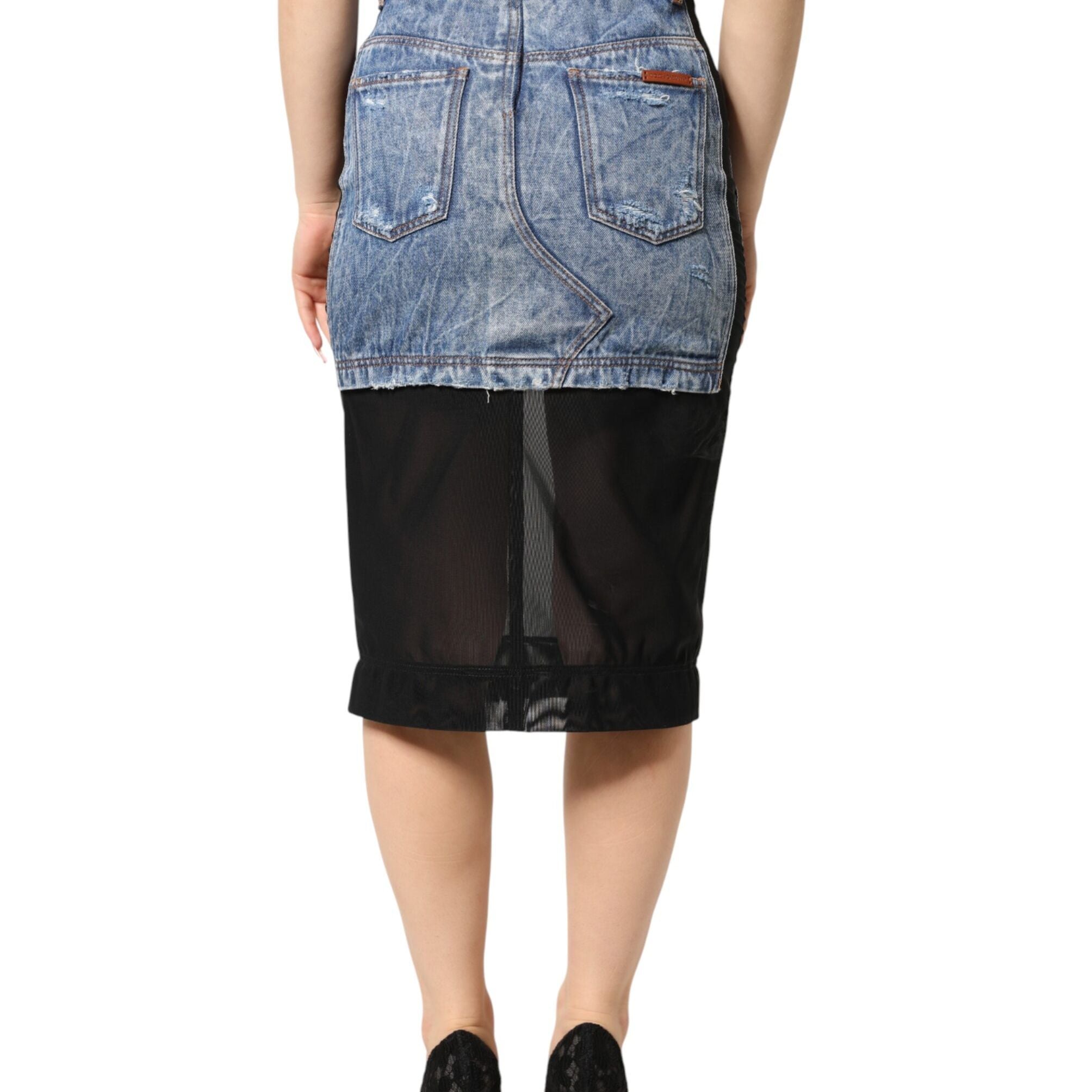 Dolce & Gabbana Blue Black Cotton Denim Sheer Midi Skirt