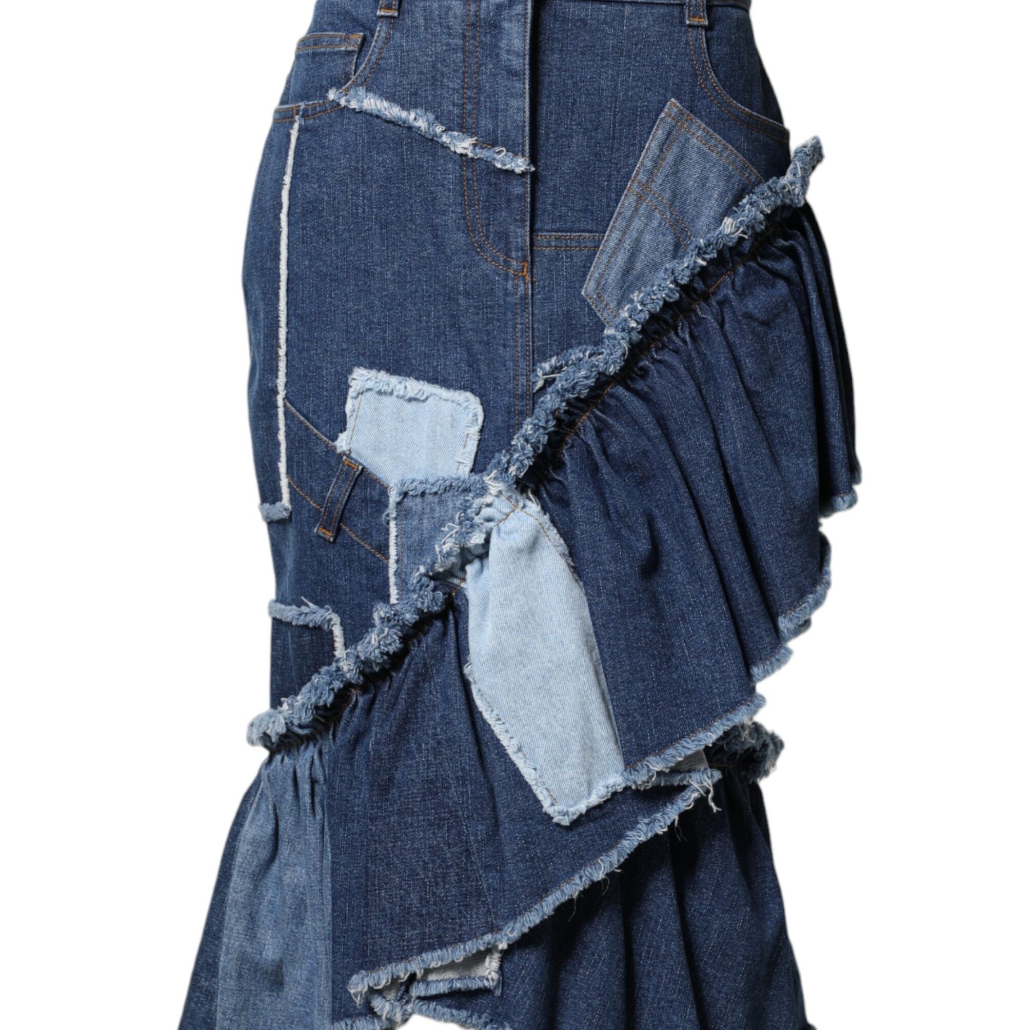 Dolce & Gabbana Blue Patchwork Layered Denim Midi Skirt