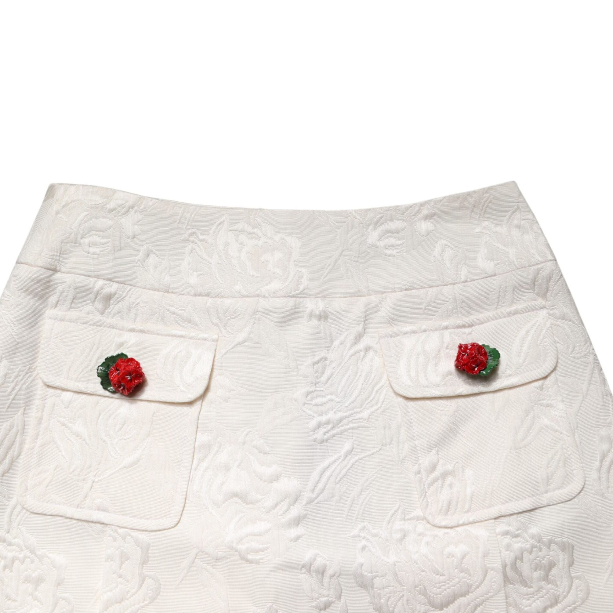 Dolce & Gabbana White Floral Brocade High Waist Mini Skirt