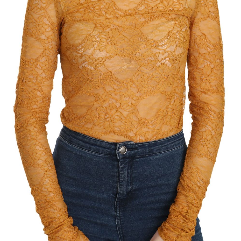 Mangano Mustard Turtle Neck Long Sleeve Lace Top Blouse