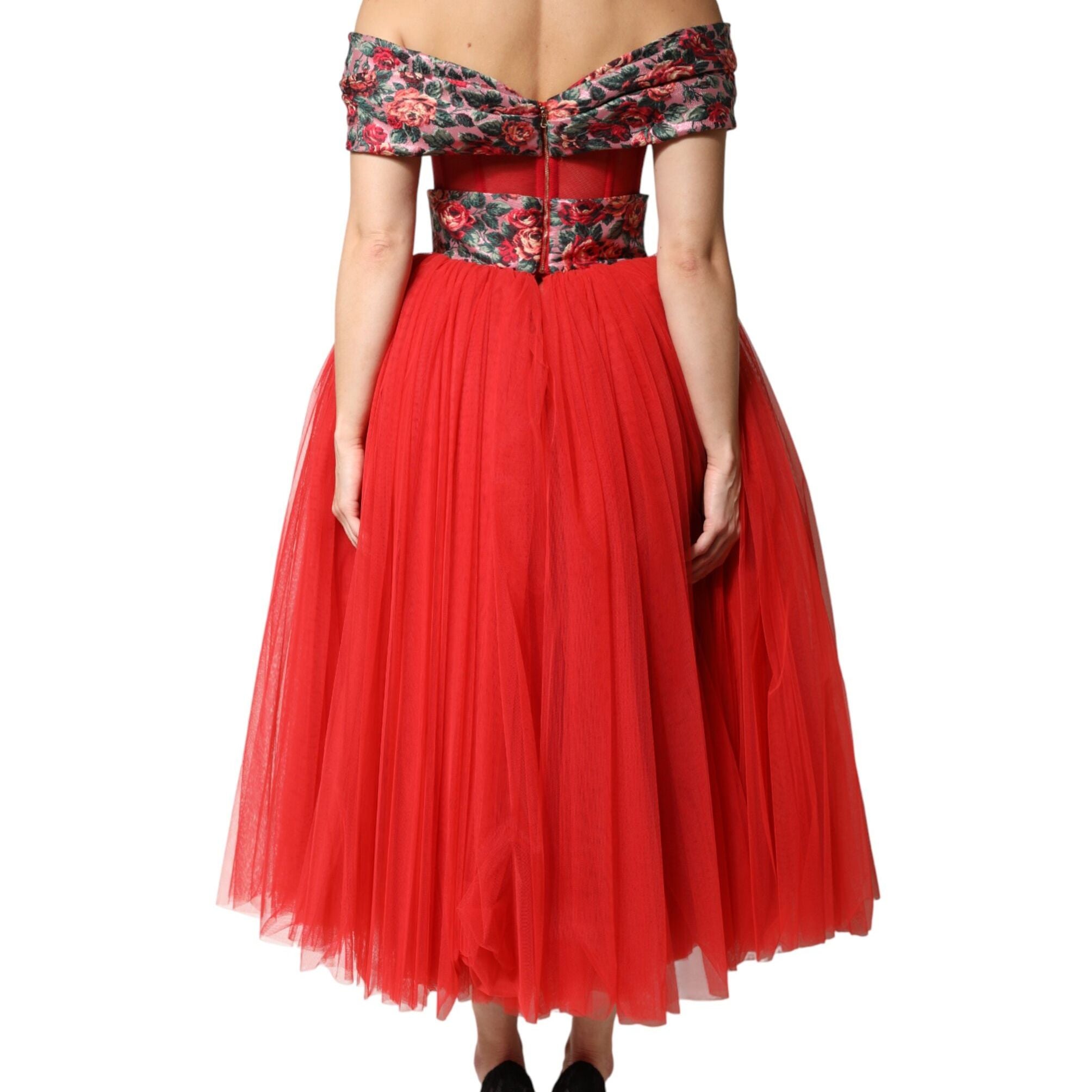 Dolce & Gabbana Red Floral Off Shoulder A-line Gown Dress