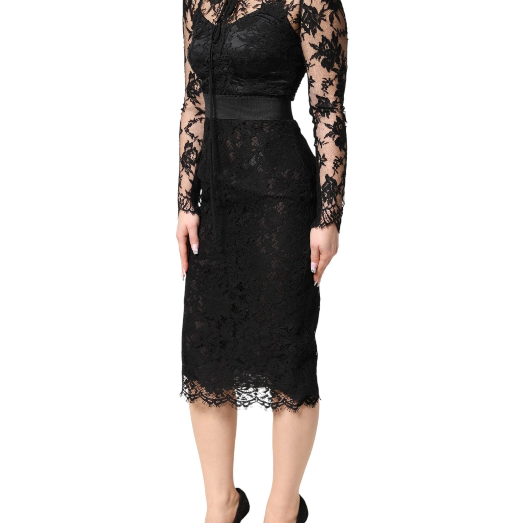 Dolce & Gabbana Black Lace Trim Cotton Sheath Midi Dress