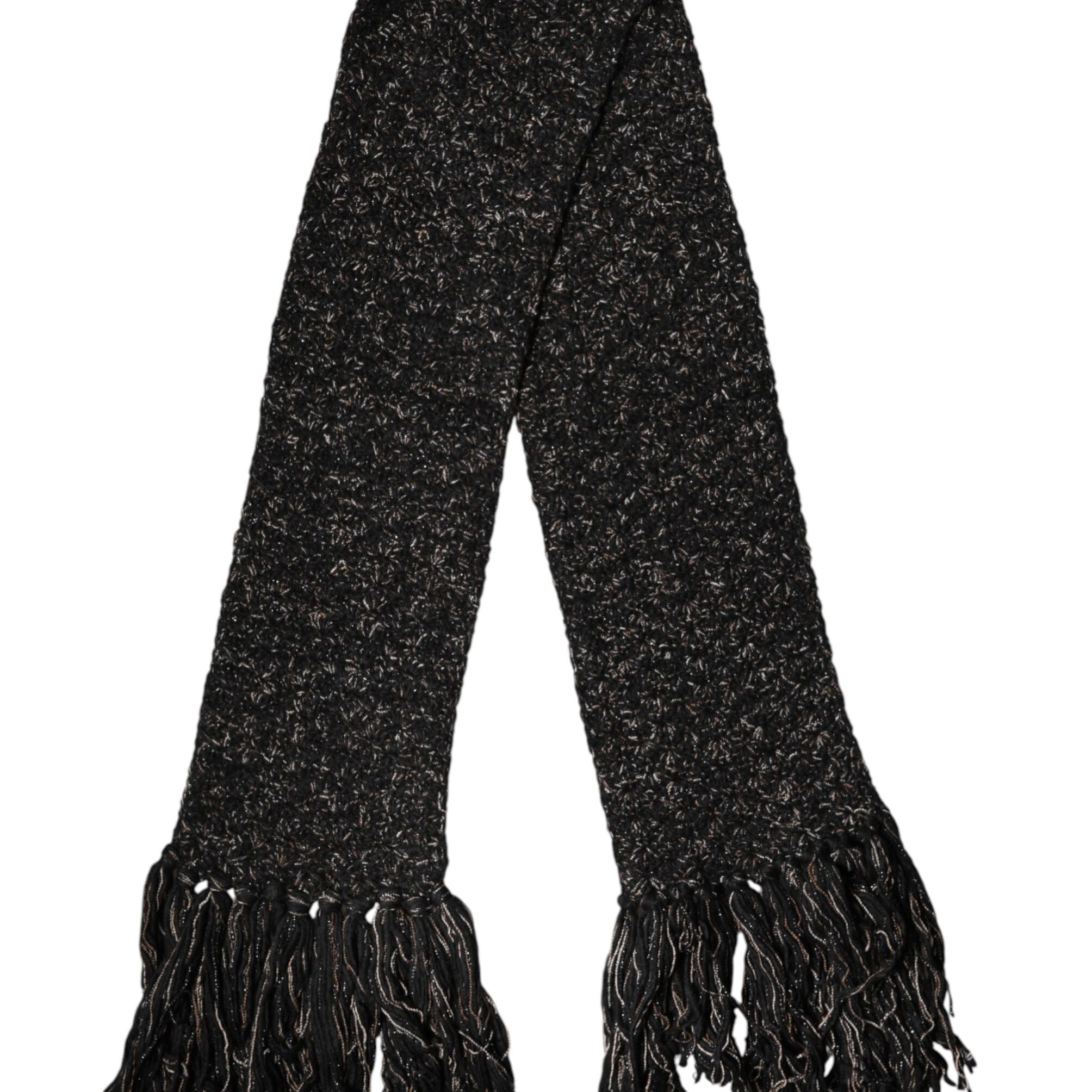 Dolce & Gabbana Black Wool Fringes Neck Wrap Foulard Scarf