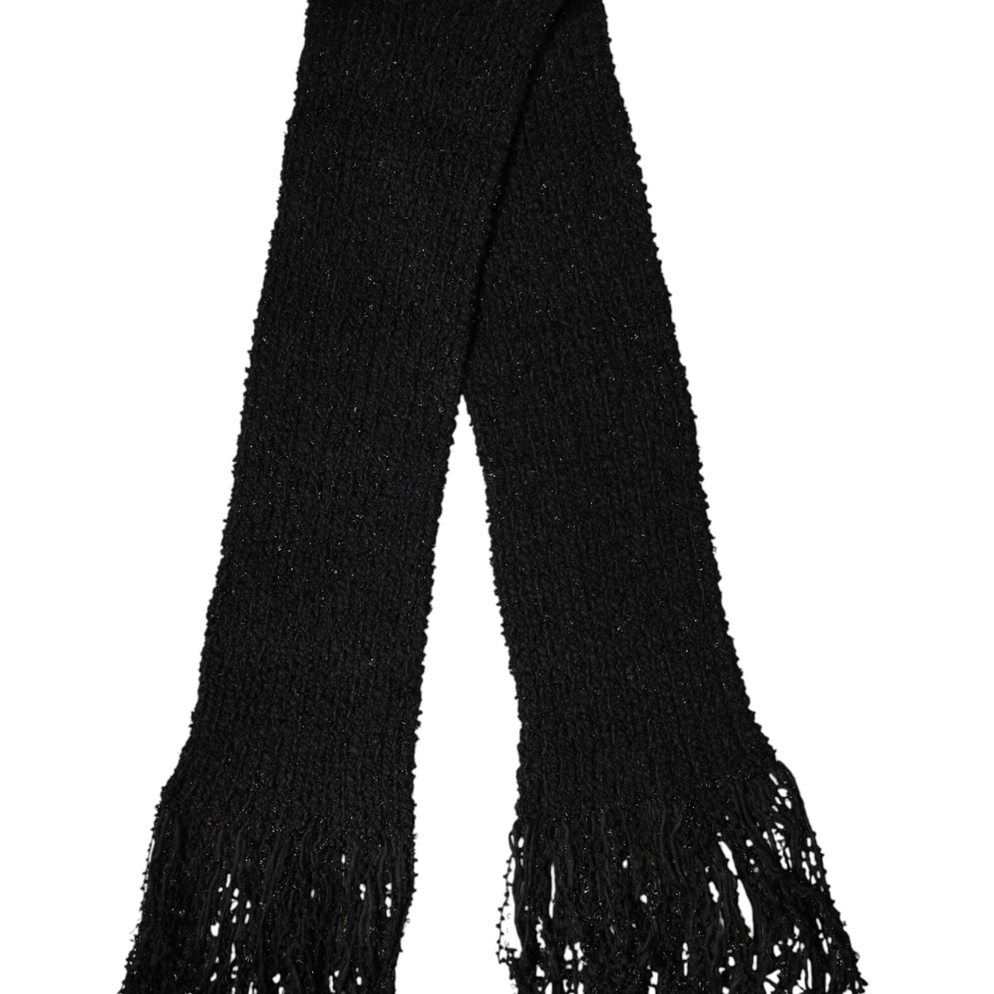 Dolce & Gabbana Black Wool Fringes Neck Wrap Foulard Scarf