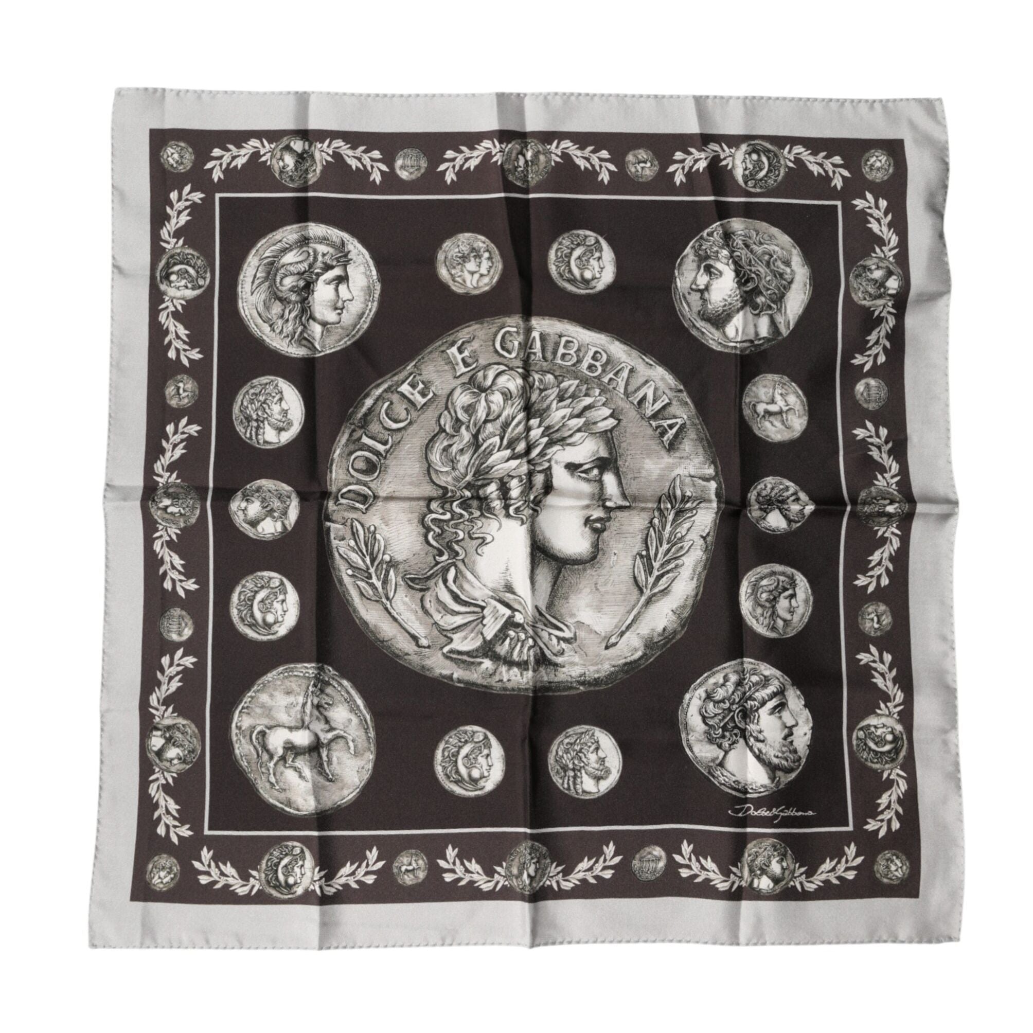 Dolce & Gabbana Brown Roman Coin Print Silk Square Foulard Scarf