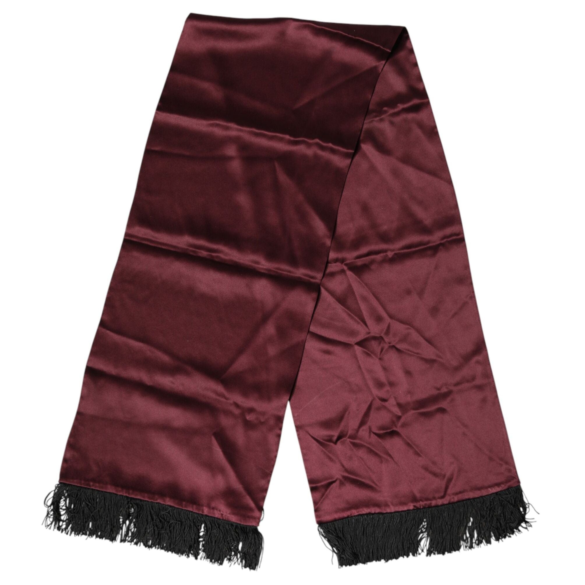 Dolce & Gabbana Maroon Silk Satin Fringes Neck Foulard Scarf