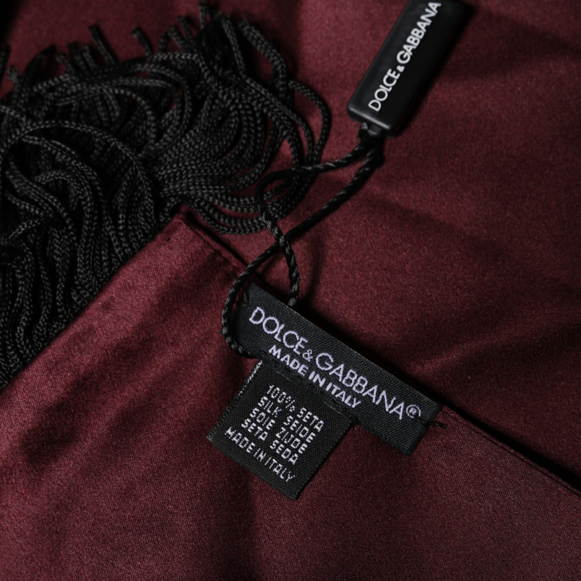 Dolce & Gabbana Maroon Silk Satin Fringes Neck Foulard Scarf