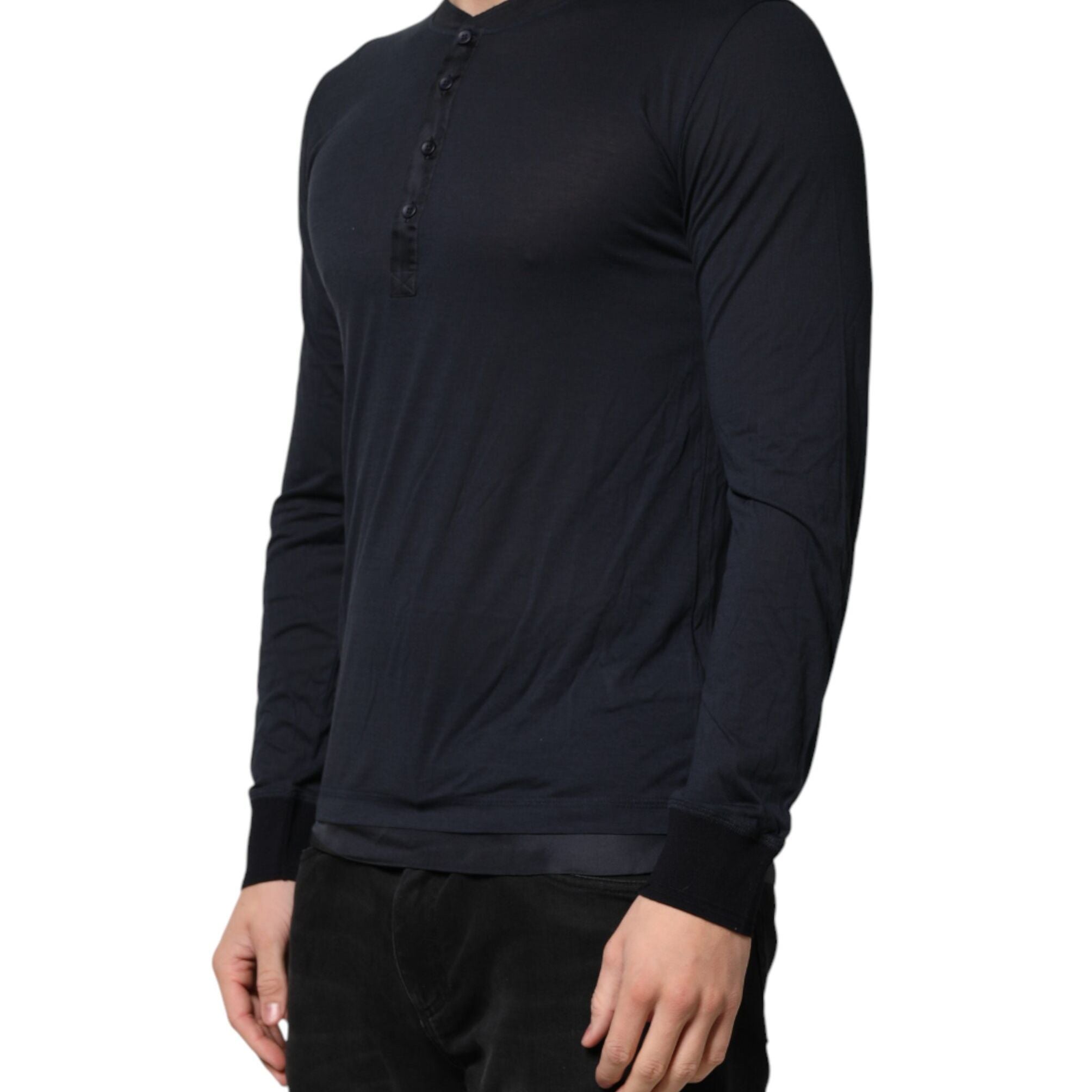 Dolce & Gabbana Dark Blue Cotton Henley Long Sleeves T-Shirt