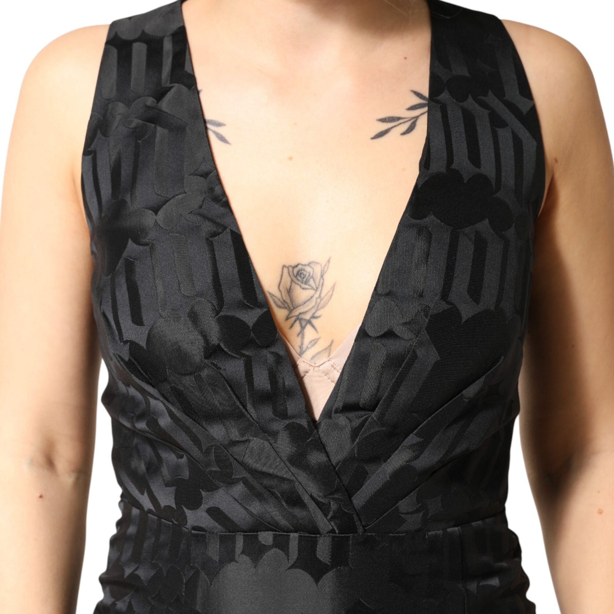 John Richmond Black Jacquard Deep V-neck Sleeveless 2 Pc Dress
