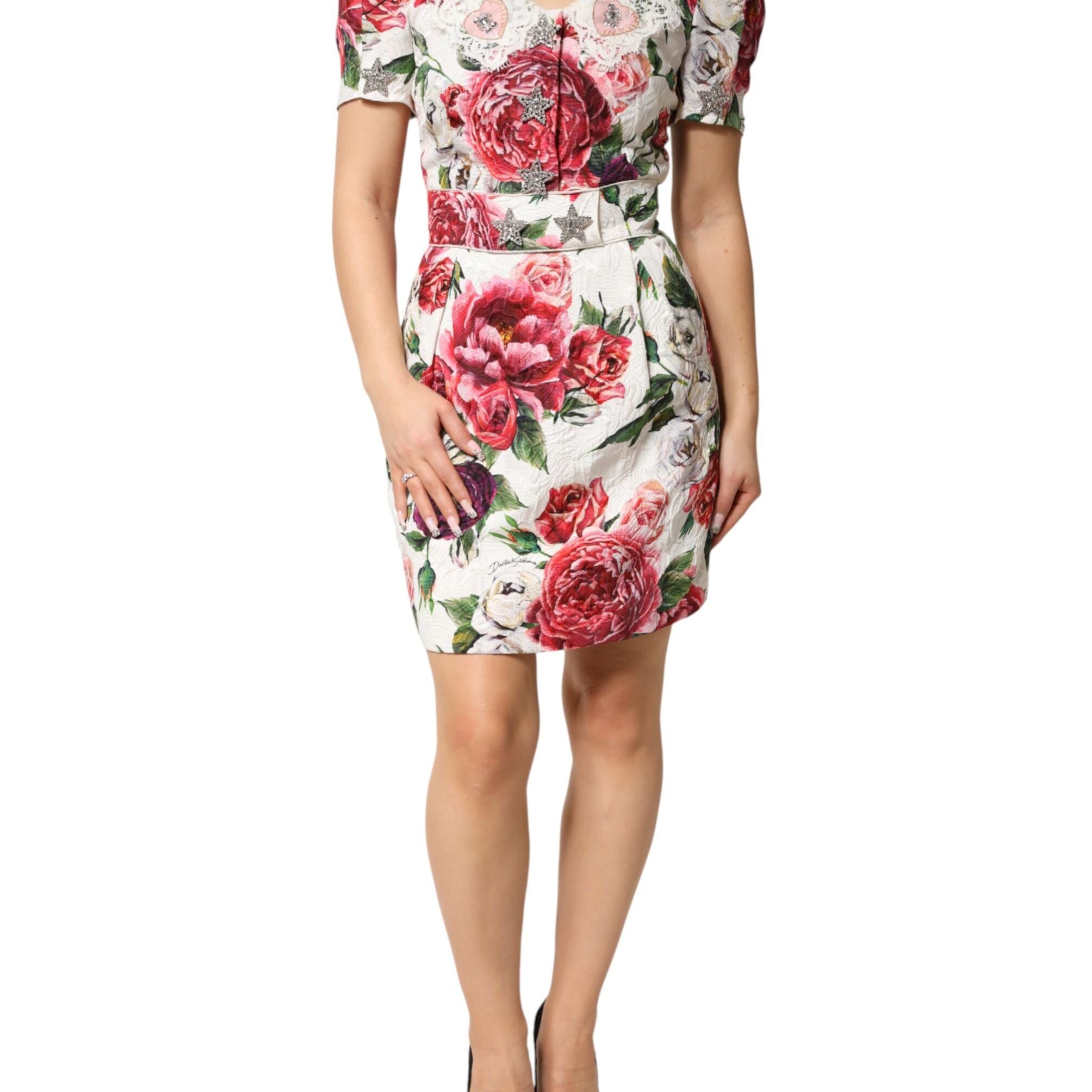 Dolce & Gabbana White Floral Embellished Sheath Mini Dress