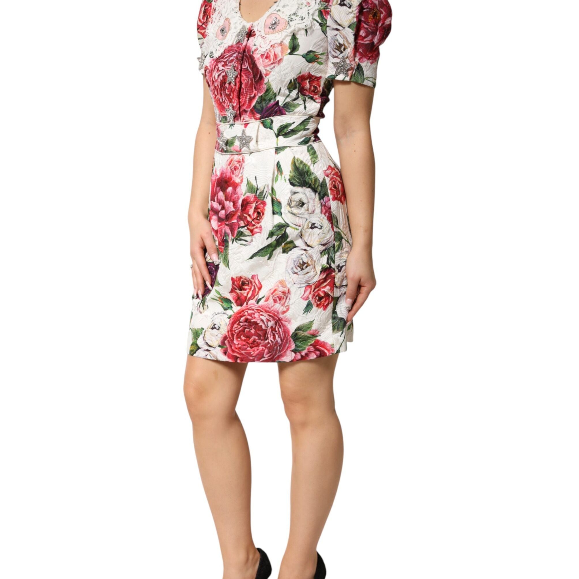 Dolce & Gabbana White Floral Embellished Sheath Mini Dress
