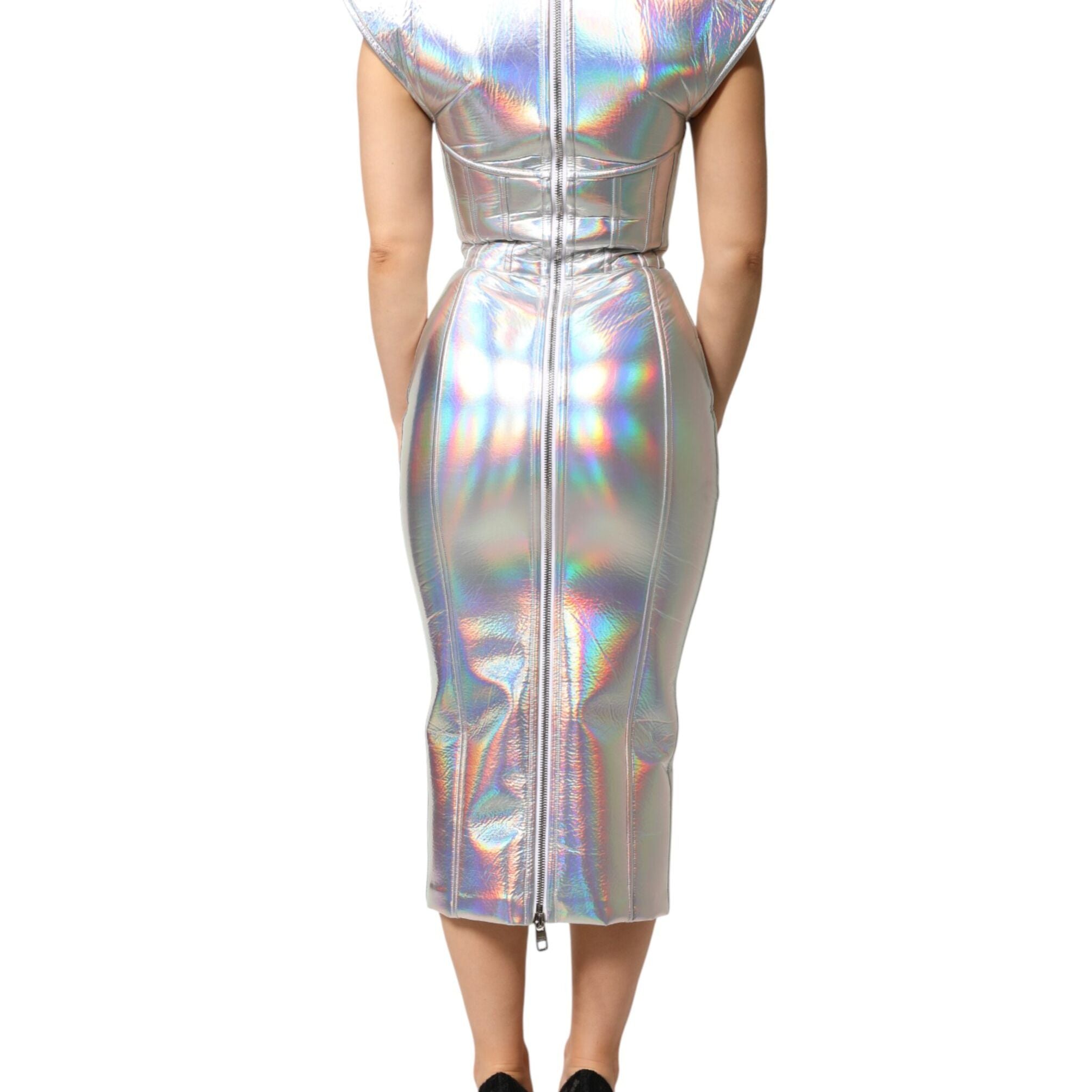 Dolce & Gabbana Silver Iridescent Bodycon Sheath Midi Dress