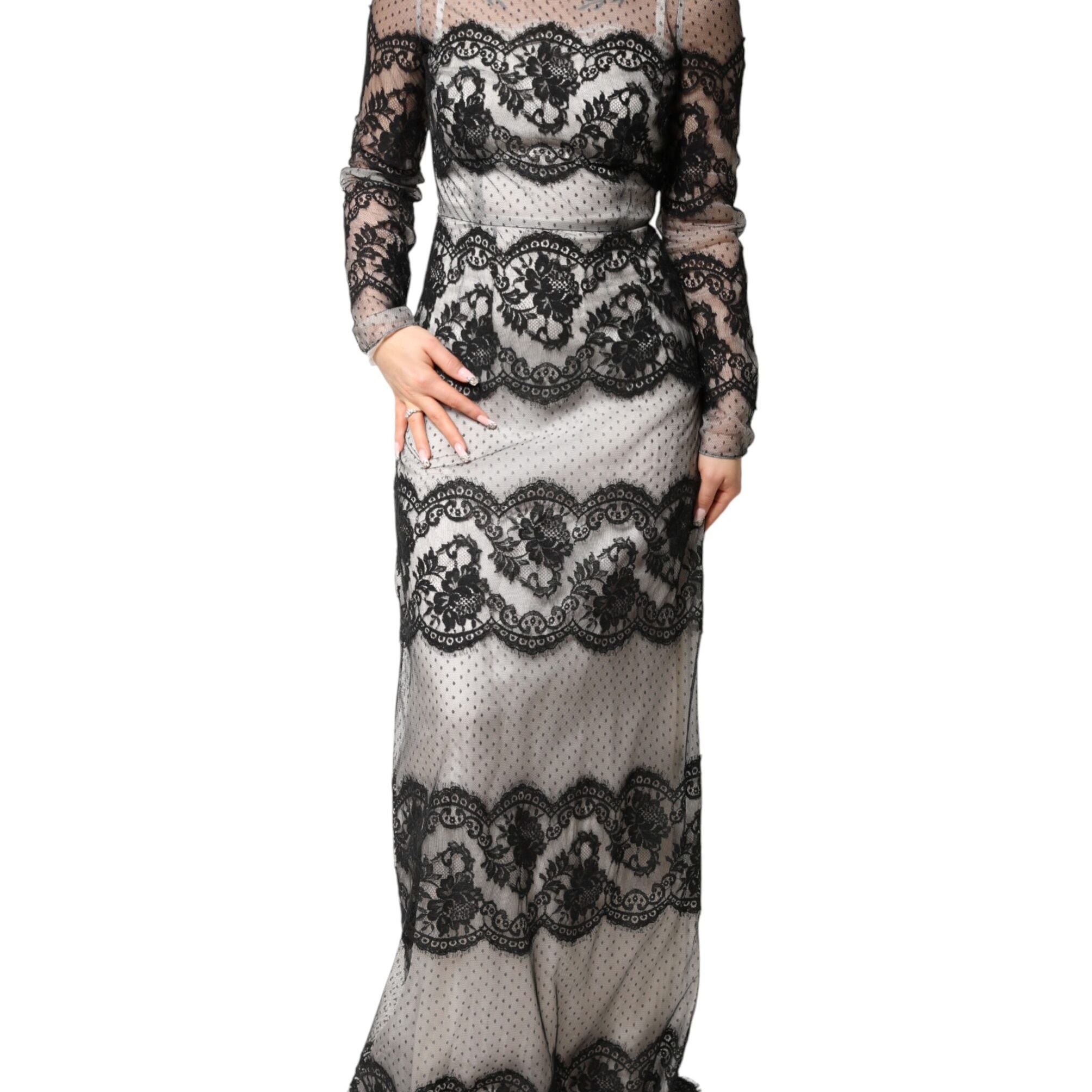 Dolce & Gabbana Black White Lace Silk Blend MaxiSheath Dress