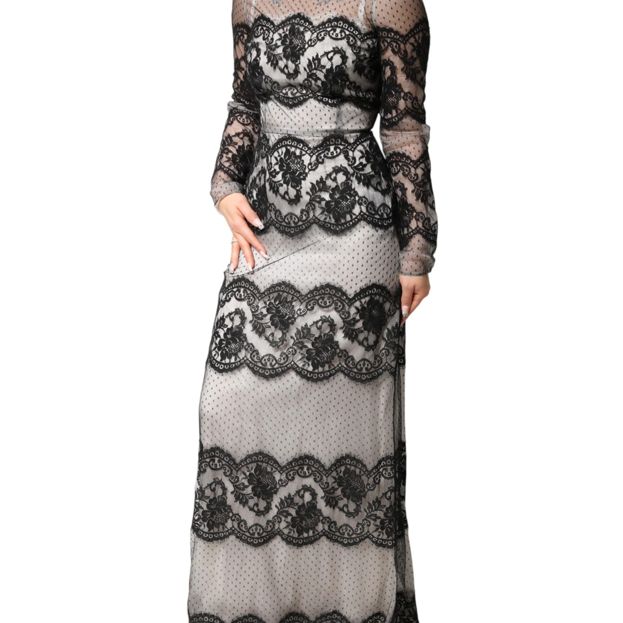 Dolce & Gabbana Black White Lace Silk Blend MaxiSheath Dress