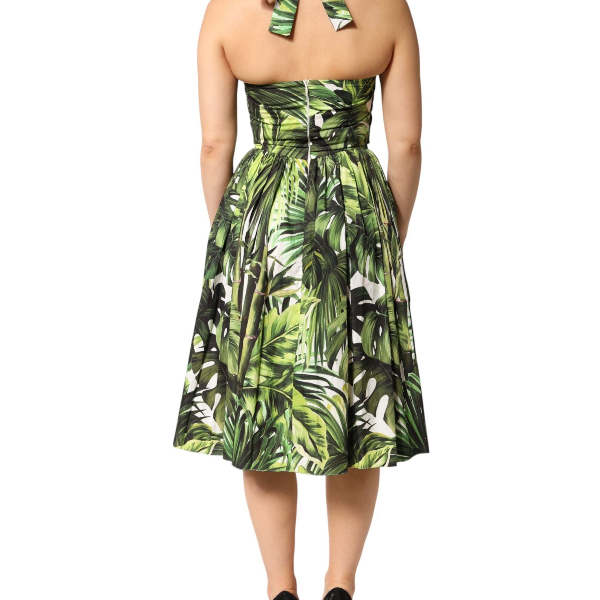 Dolce & Gabbana Green Leaves Print Cotton Halter Midi Dress