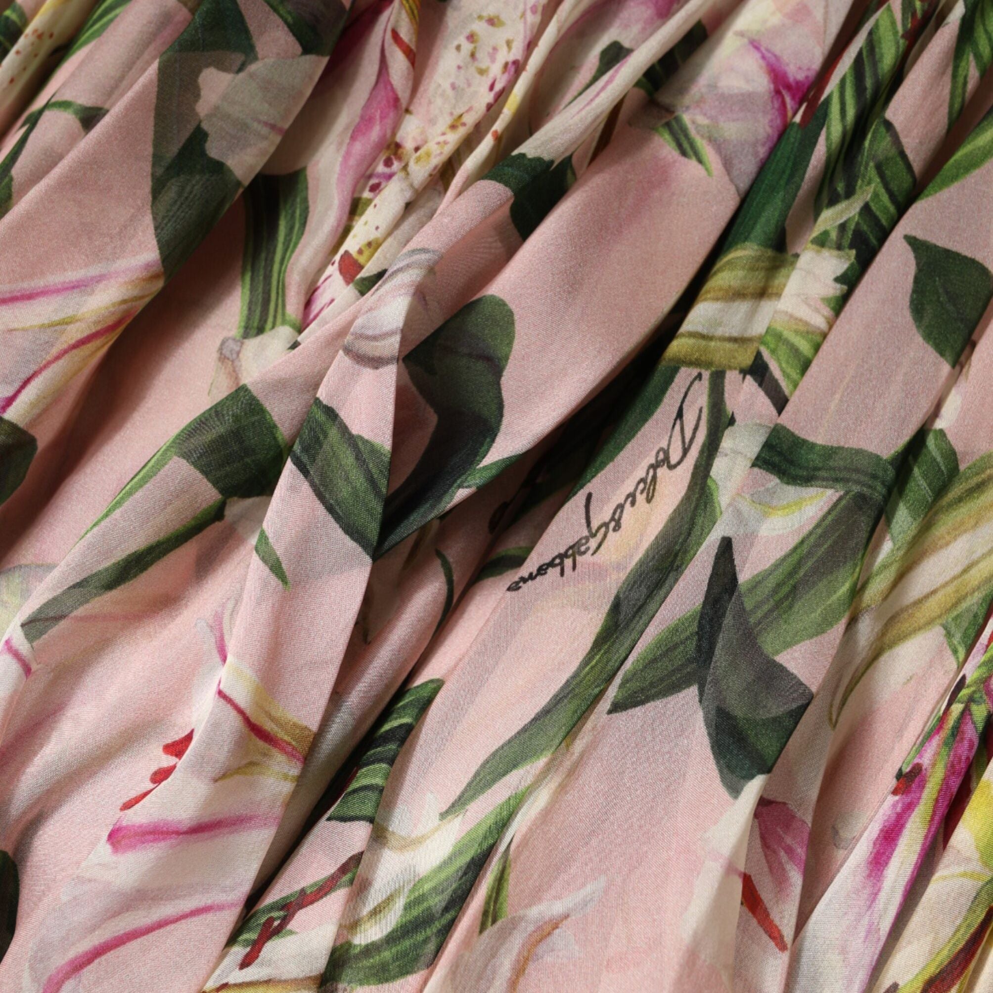 Dolce & Gabbana Pink Lily Print A-line Pleated Maxi Dress