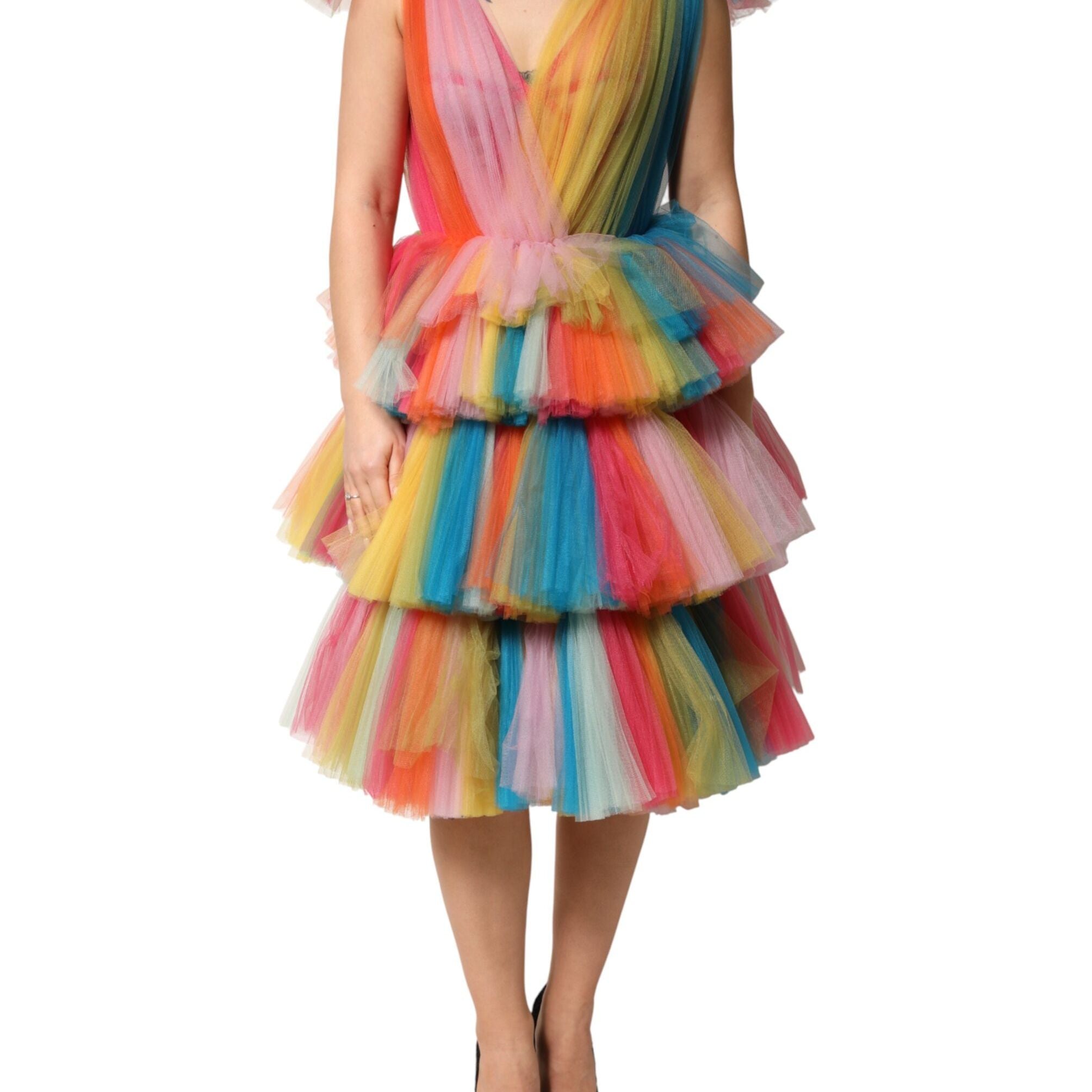 Dolce & Gabbana Multicolor Nylon Tiered Tulle Midi Dress