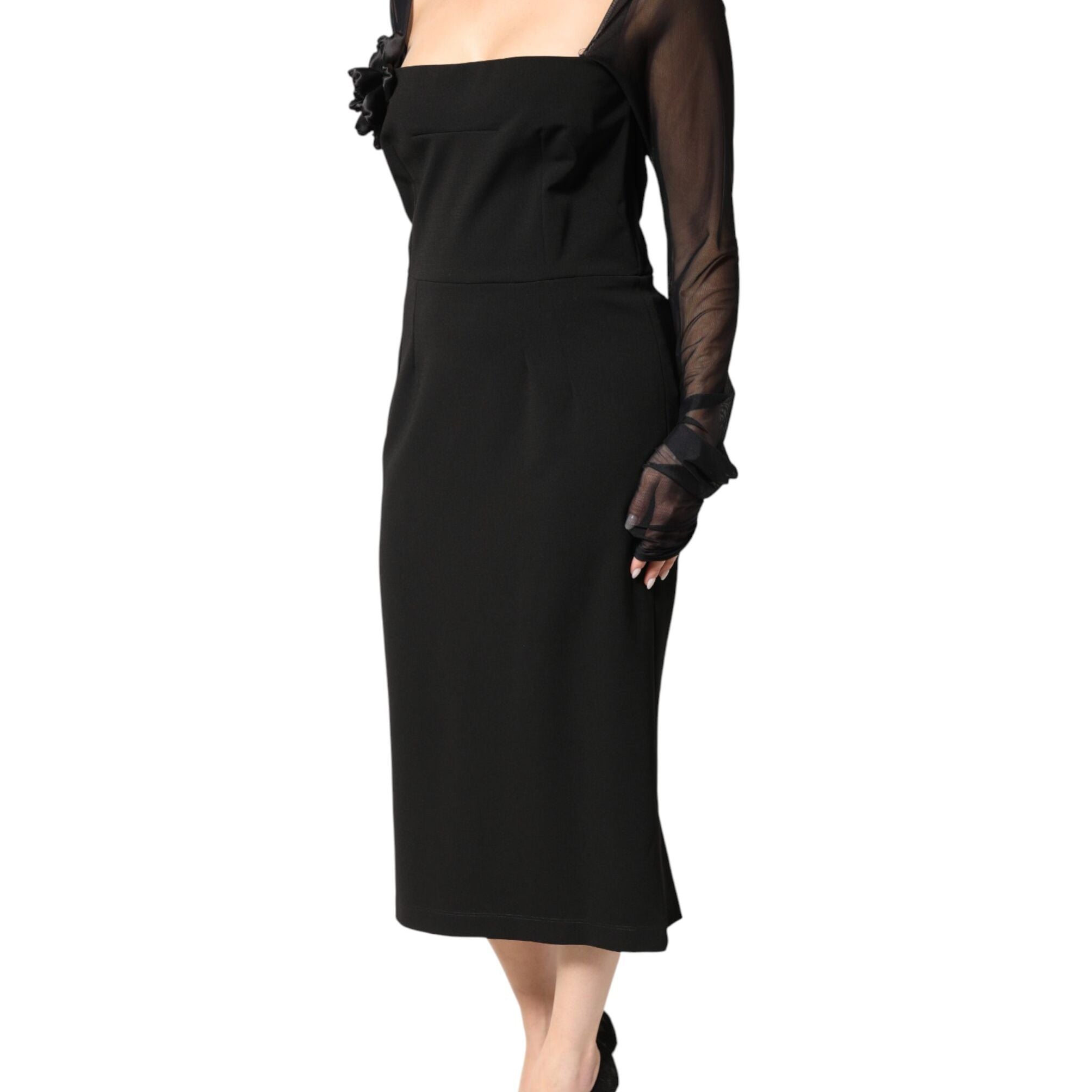 Dolce & Gabbana Black Sheer Yoke Rosette Sheath Midi Dress