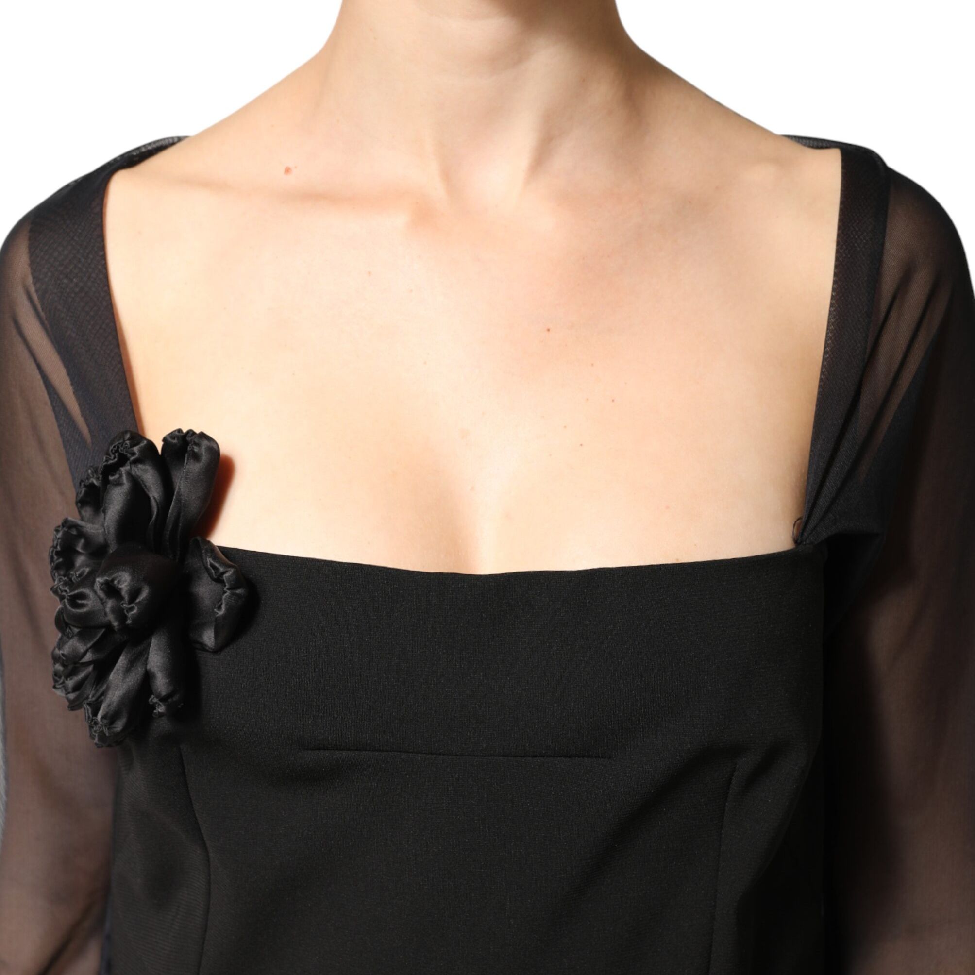 Dolce & Gabbana Black Sheer Yoke Rosette Sheath Midi Dress