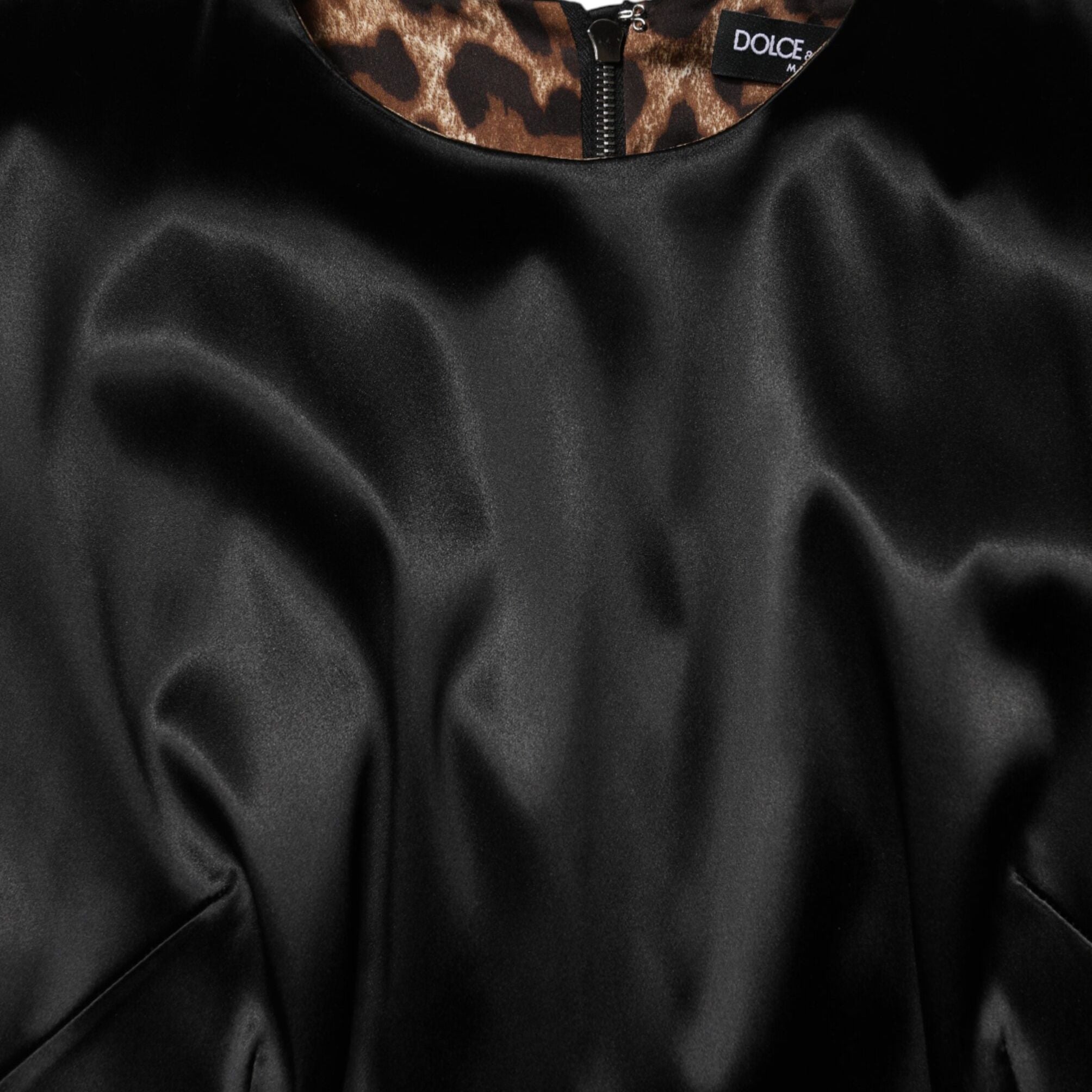 Dolce & Gabbana Black Satin Sheath Midi Cap Sleeves Dress