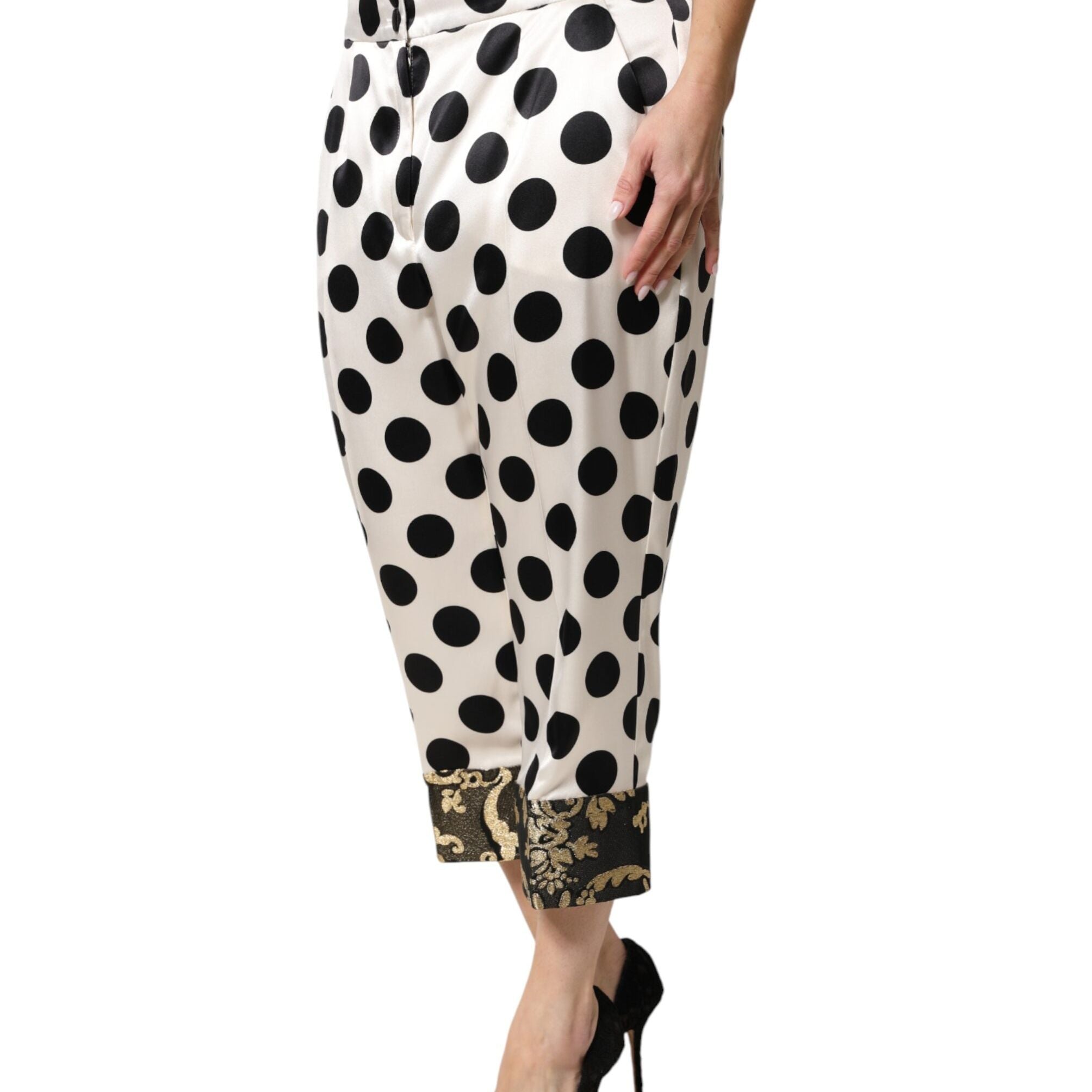 Dolce & Gabbana White Black Polka Dot Silk Mid Waist Cropped Pants