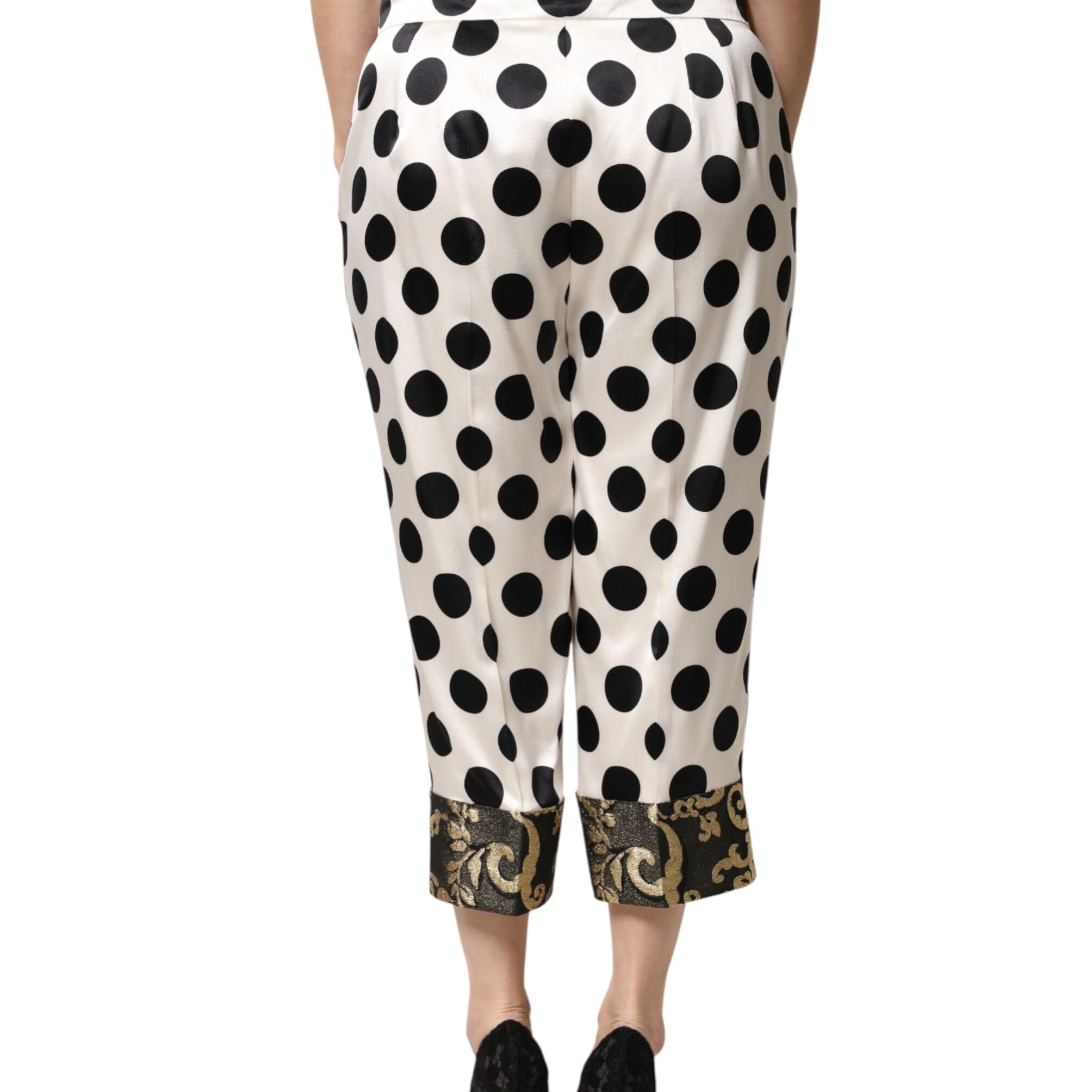 Dolce & Gabbana White Black Polka Dot Silk Mid Waist Cropped Pants
