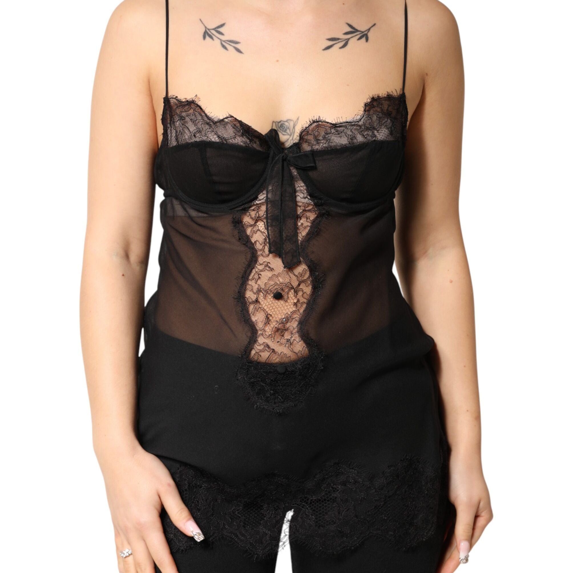 Dolce & Gabbana Black Silk Floral Lace Chemise Lingerie Top