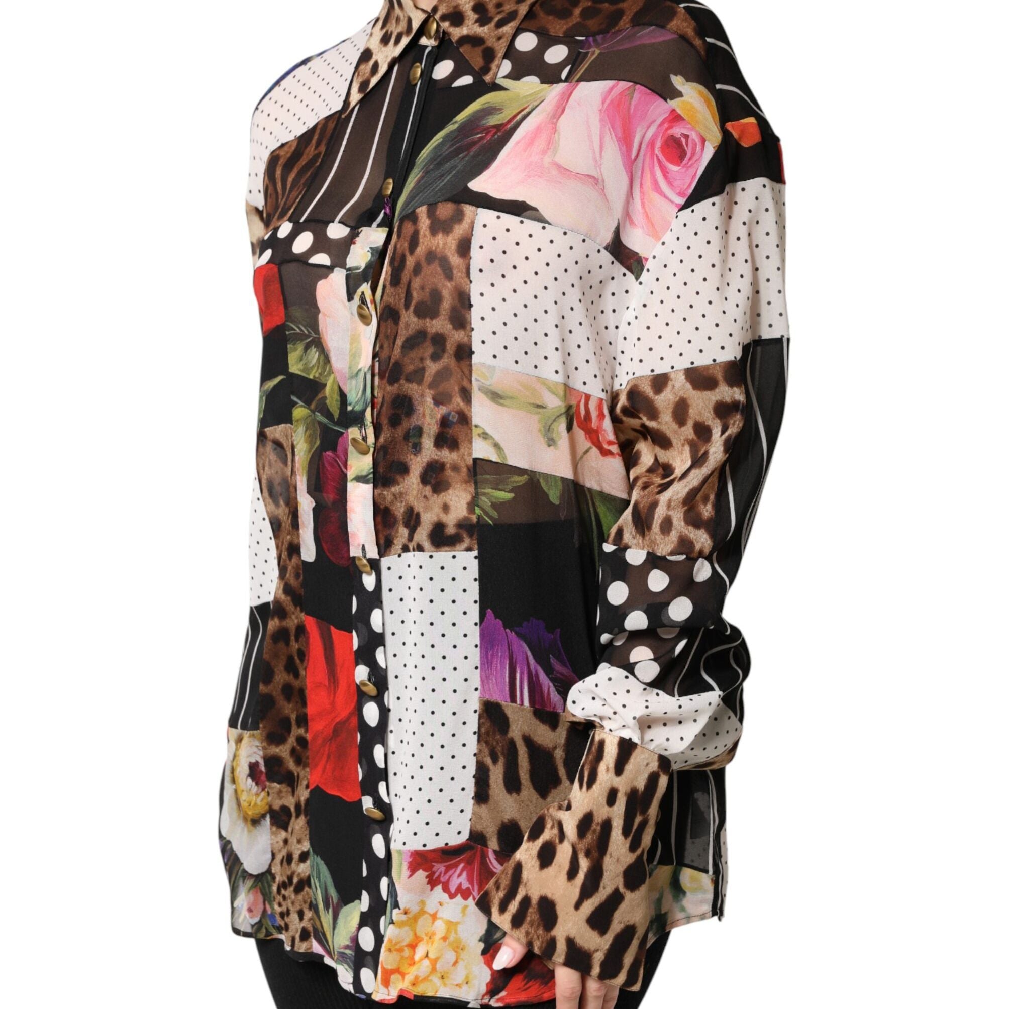 Dolce & Gabbana Multicolor Patchwork Silk CollaredBlouse Top