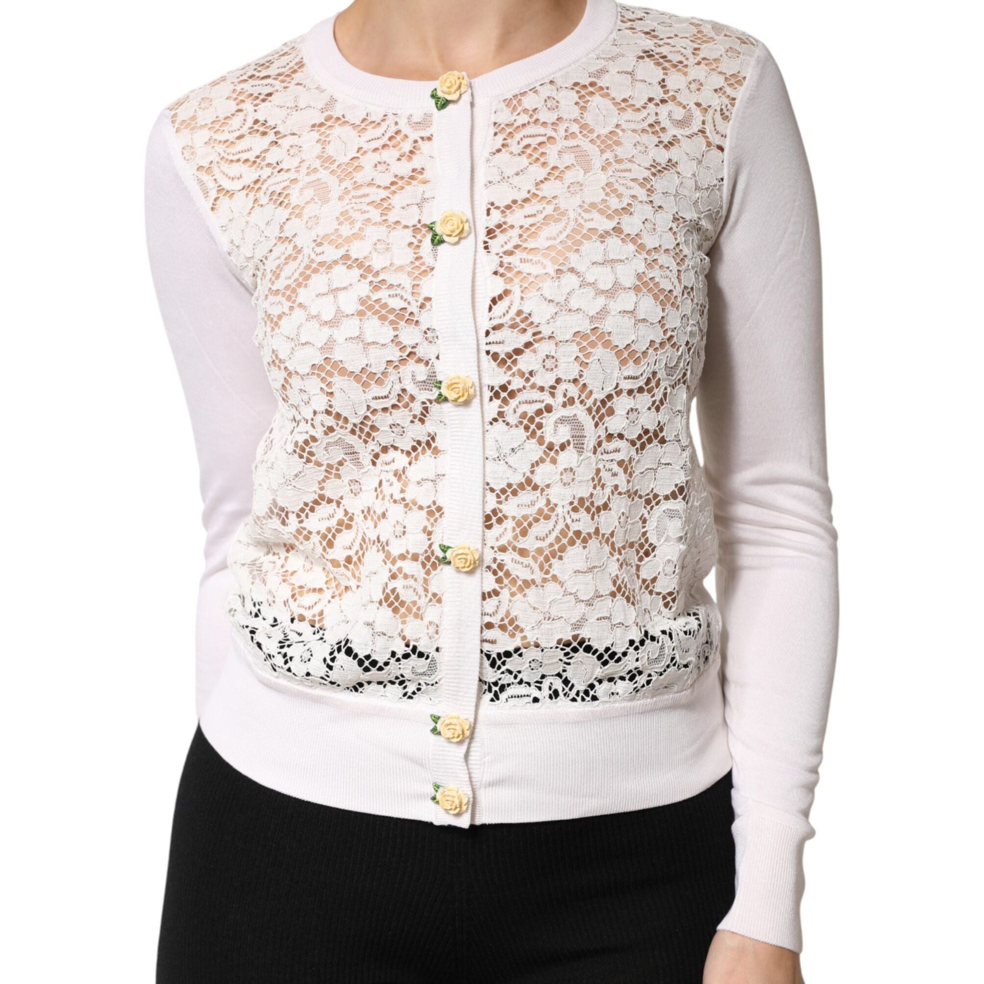 Dolce & Gabbana Cream Lace Knit Rose Button Cardigan Sweater