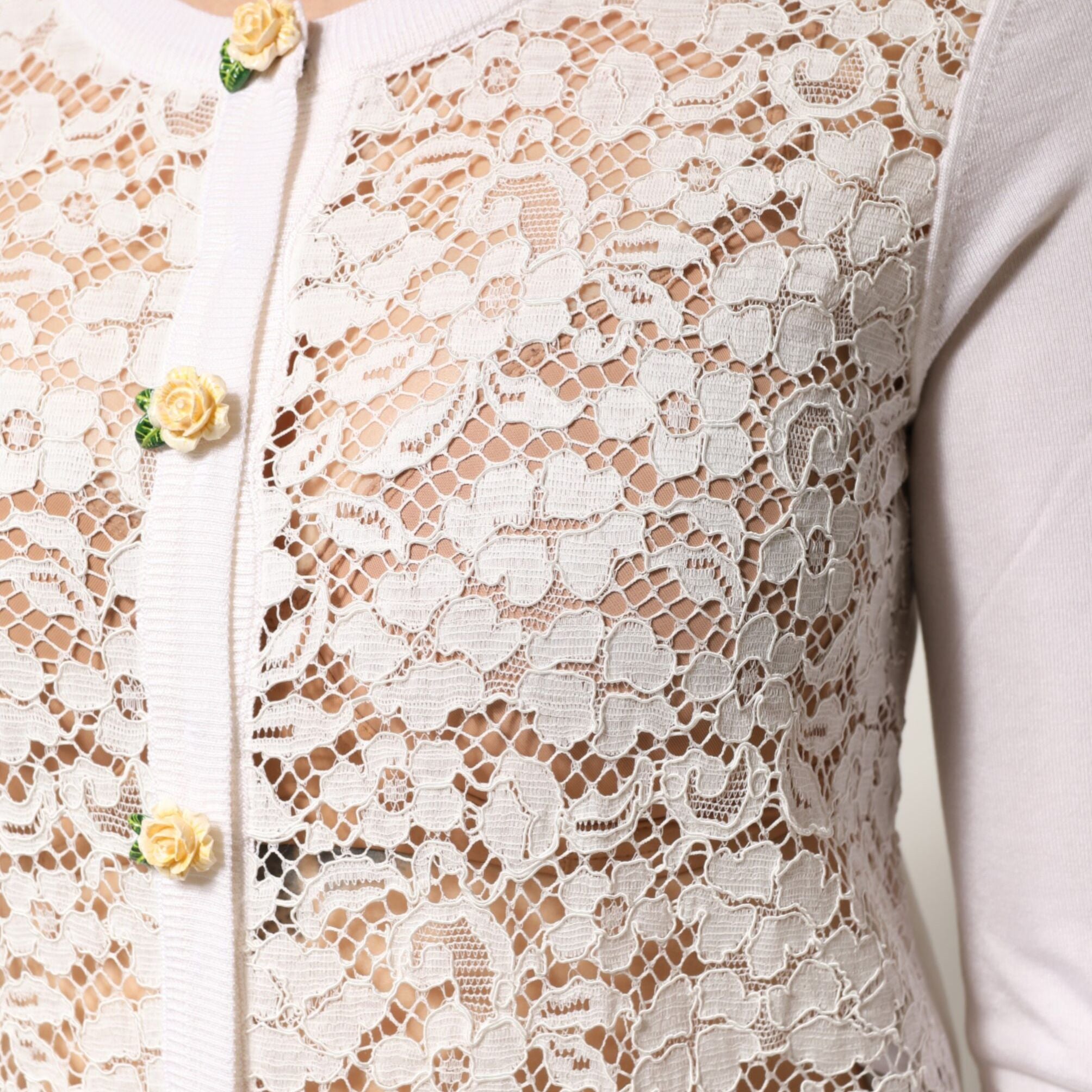 Dolce & Gabbana Cream Lace Knit Rose Button Cardigan Sweater